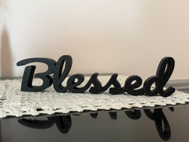Blessed Shelf Sitter – 8″ x 2″ Black Script Decor – Farmhouse / Modern Home Acc