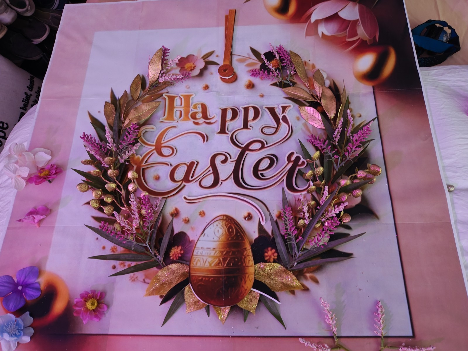 Easter Floral Wall Sign with 3D Effect, Pink Gold Purple Festive Decor, Large