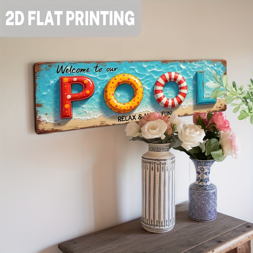 Metal Sign Vintage Pool Welcome Swim Ring Design Rustic Poolside Backyard Decor