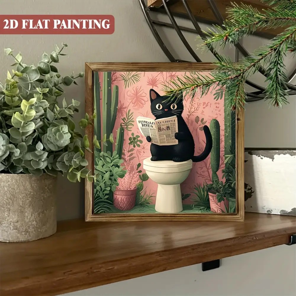 2D Bohemian Black Cat Reading Newspaper Wooden Sign for Home Bathroom Wall Decor