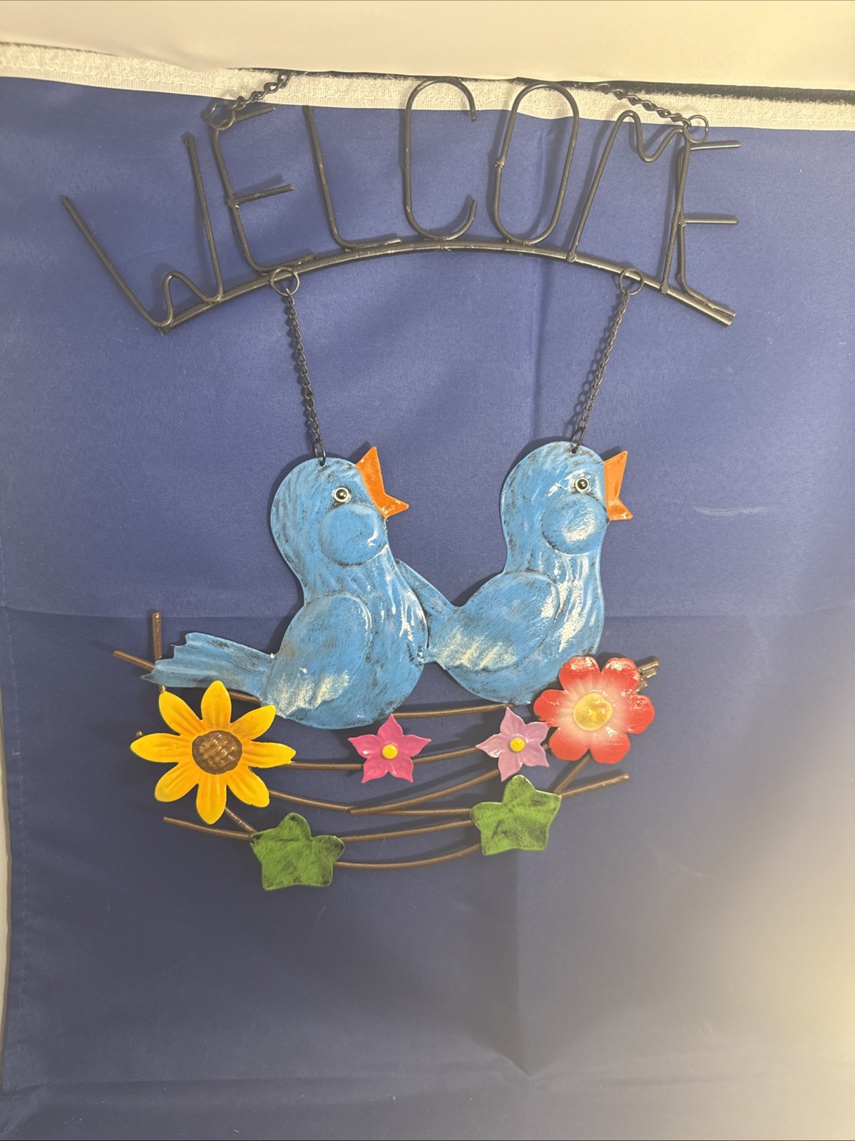 Vintage Metal Hand-Painted Welcome Bluebird Chicks Sunflower Flowers Sign