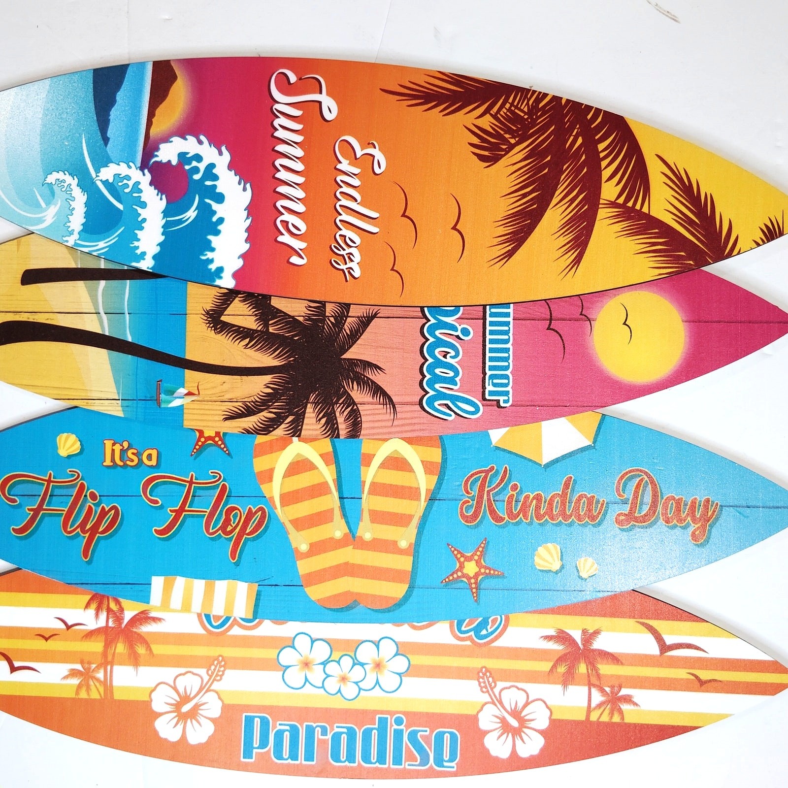 Surfboard Wall Decor Set 4‑Pack Summer Beach Signs Hanging Wood 15-3/4″ × 4-1/2″