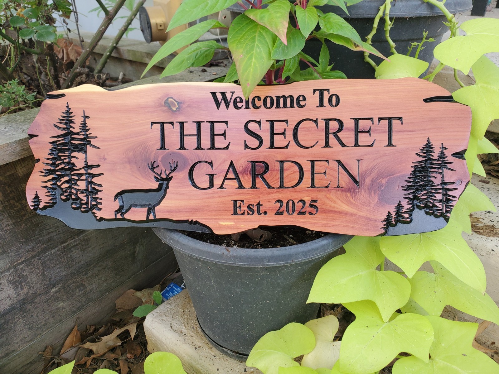 Custom Dear Sign Carved Wood Name Mountain Lake Home House Outdoor Plaque