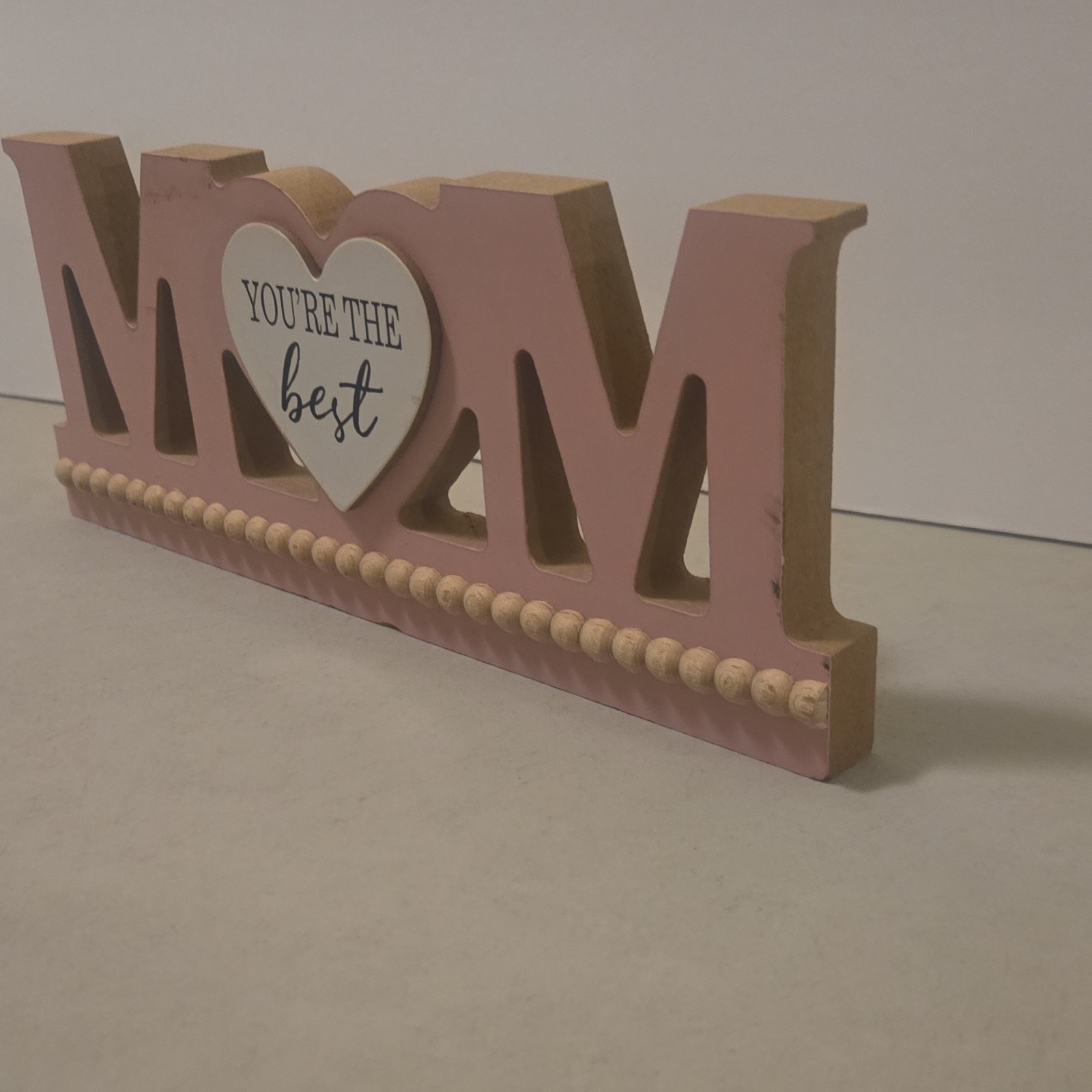Pink Wooden Heart Plaque Decorative Freestanding Sign for Mom, Family Theme