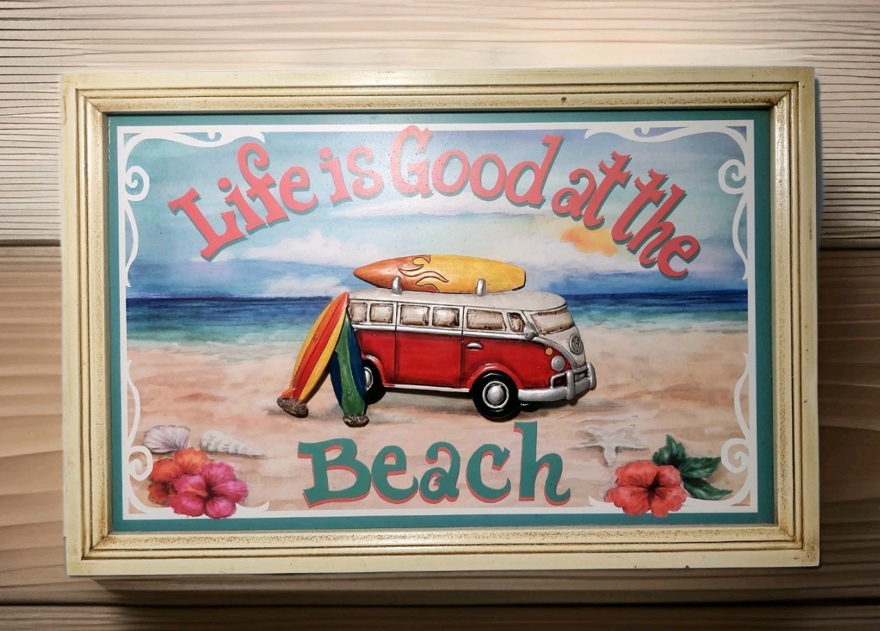 VW Van“life Is Good”Surfing Beachcomber 2009 Wall Picture 17″Wood 3D Sign BoHo