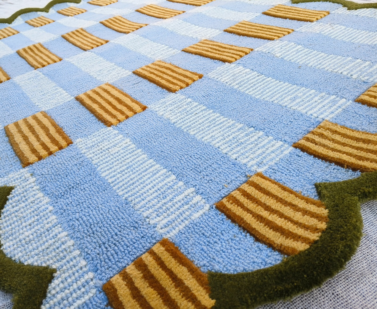 Handmade Wool Tufted Rug Mustard Blue | Modern Geometric Carpet Cozy Home Decors