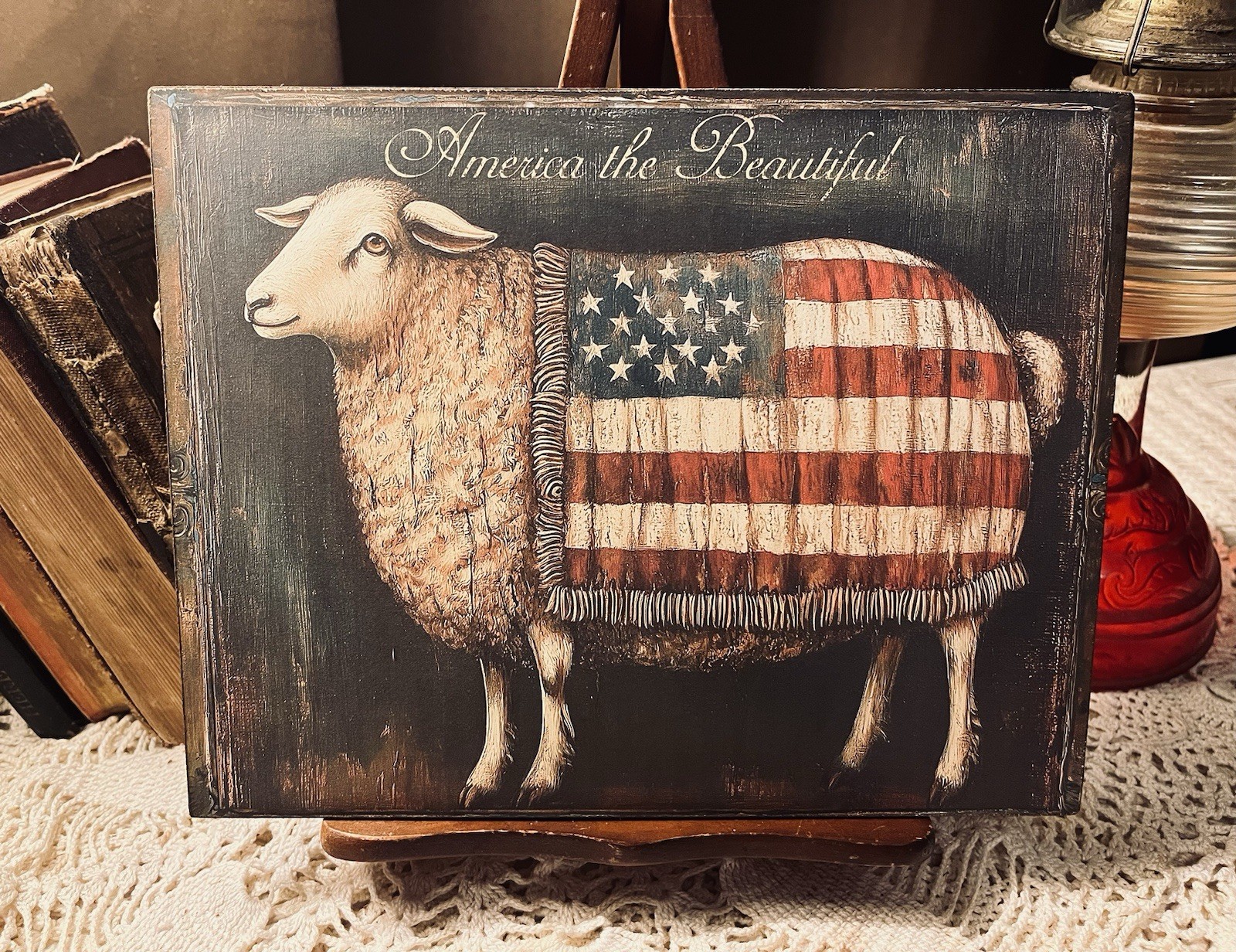 Patriotic Sheep, America The Beautiful, Folk Art, Primitive Handcrafted Plaque