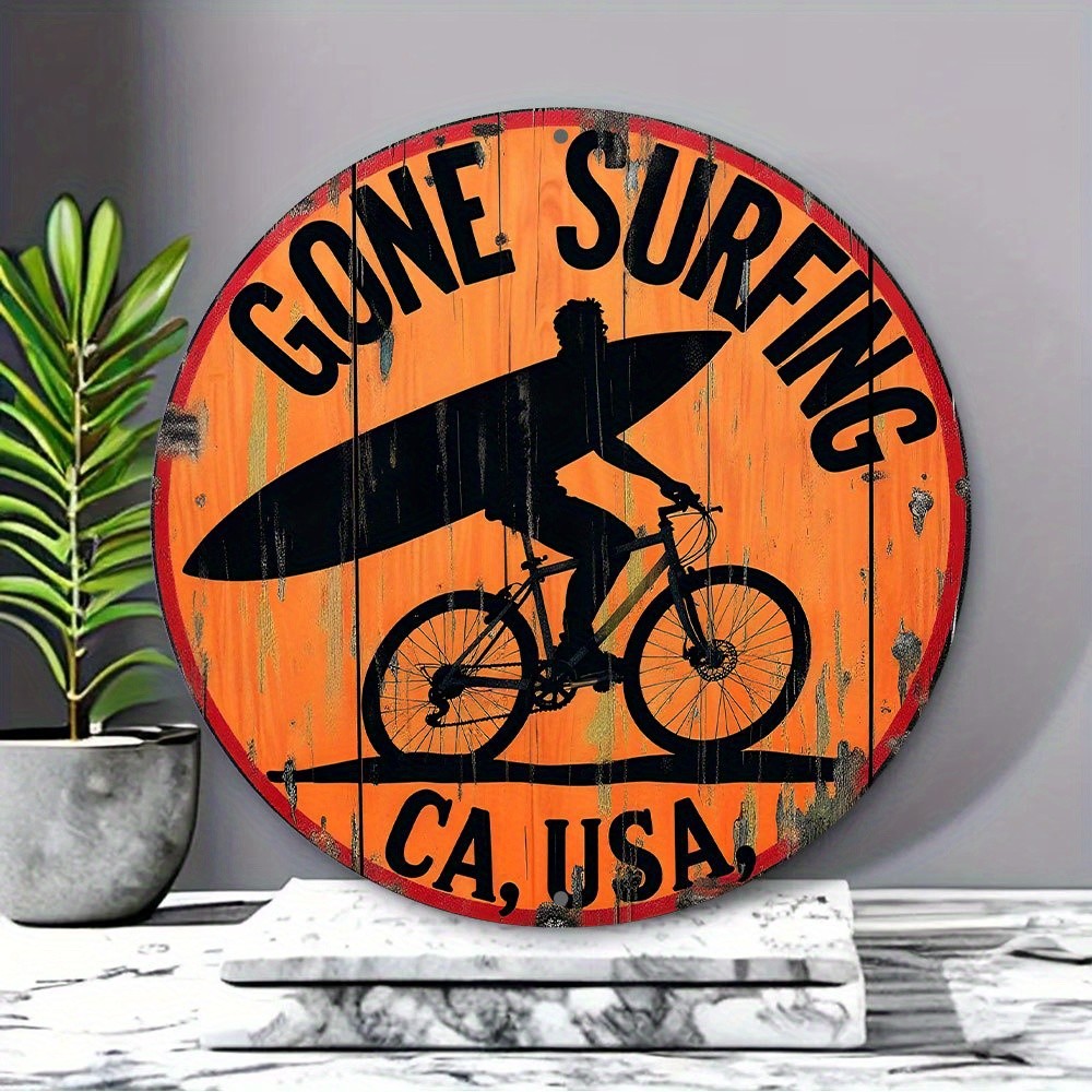 Surfboard Metal Sign 2D Flatmen Bicycle Aluminum Sign 8 Inch Round Funny