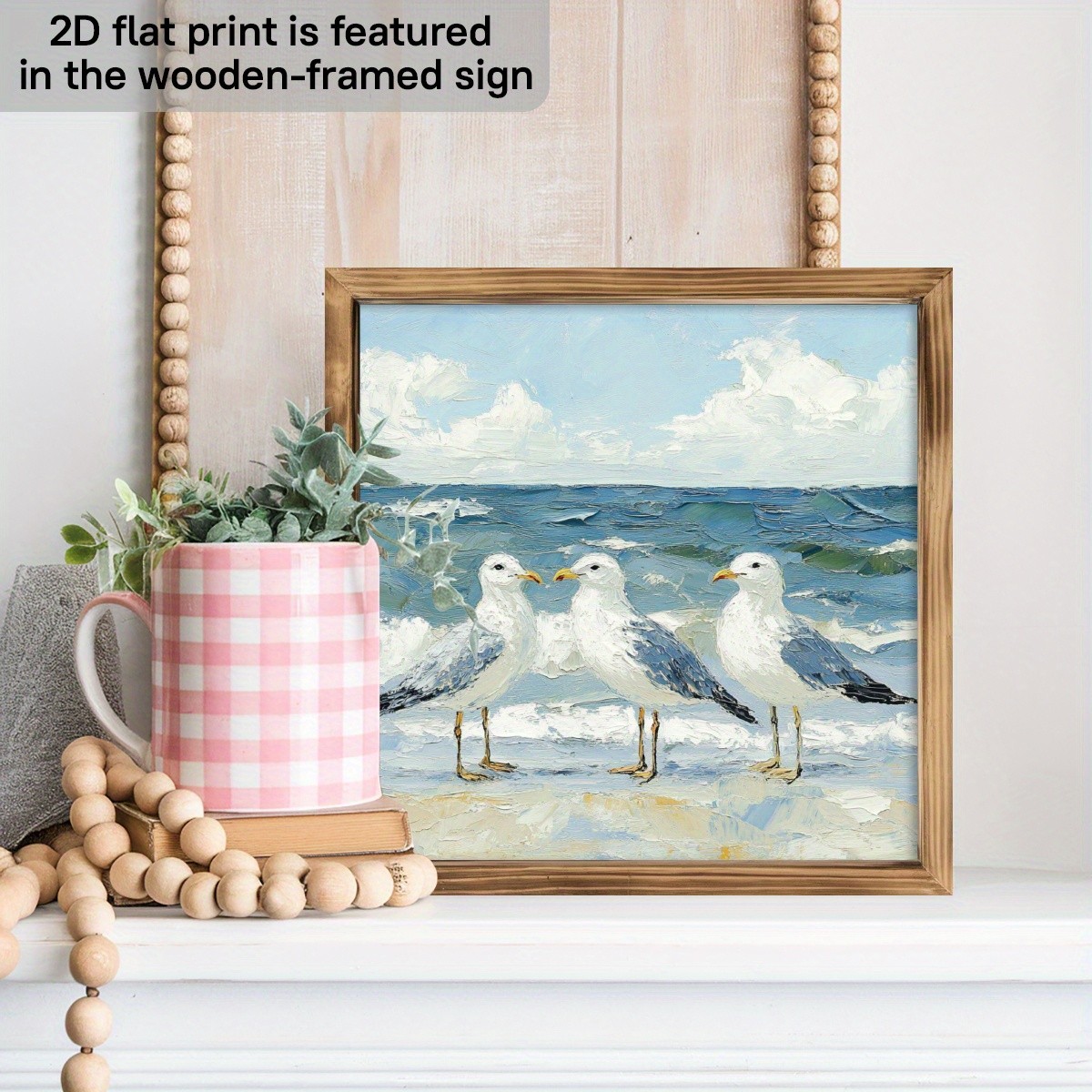 Seagulls Coastal Wooden Print Wall Art Framed Beach Theme Decor for Home & Patio