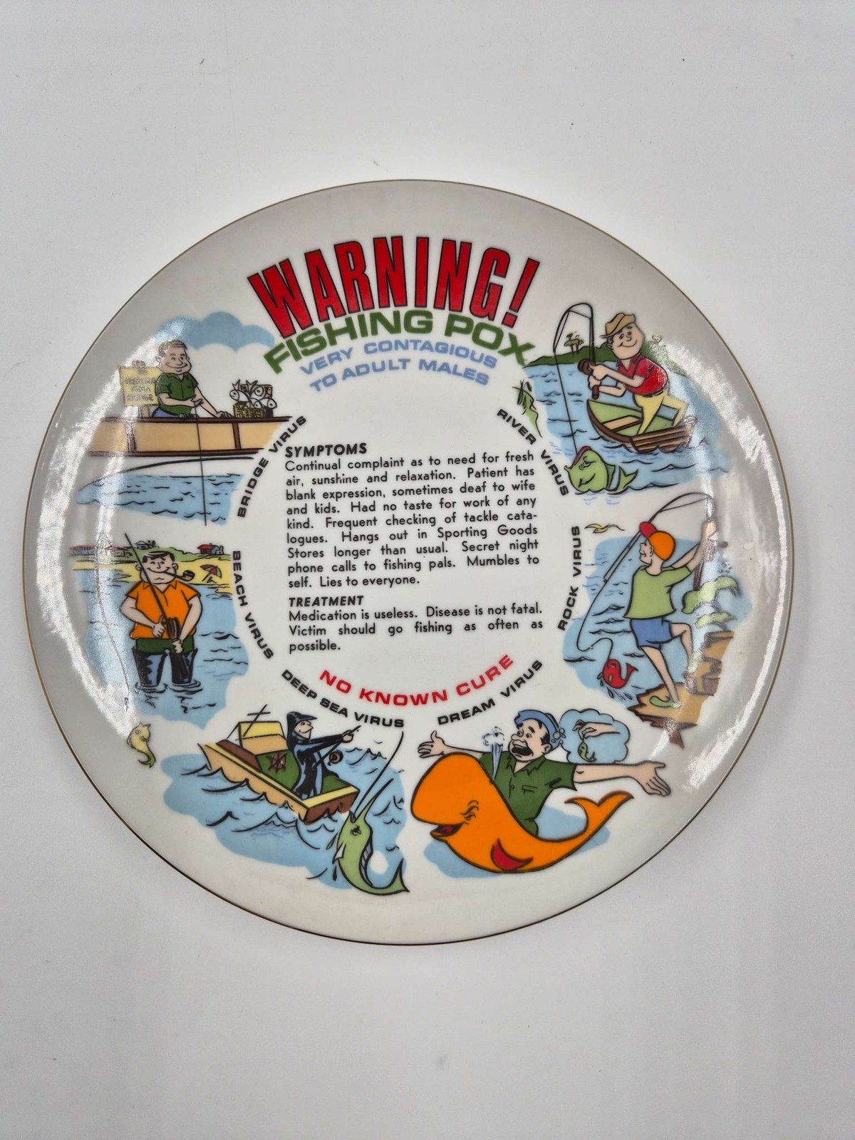 Humorous Fishing Pox Warning Decorative Plate Adult Novelty Gag Gift Virus Used