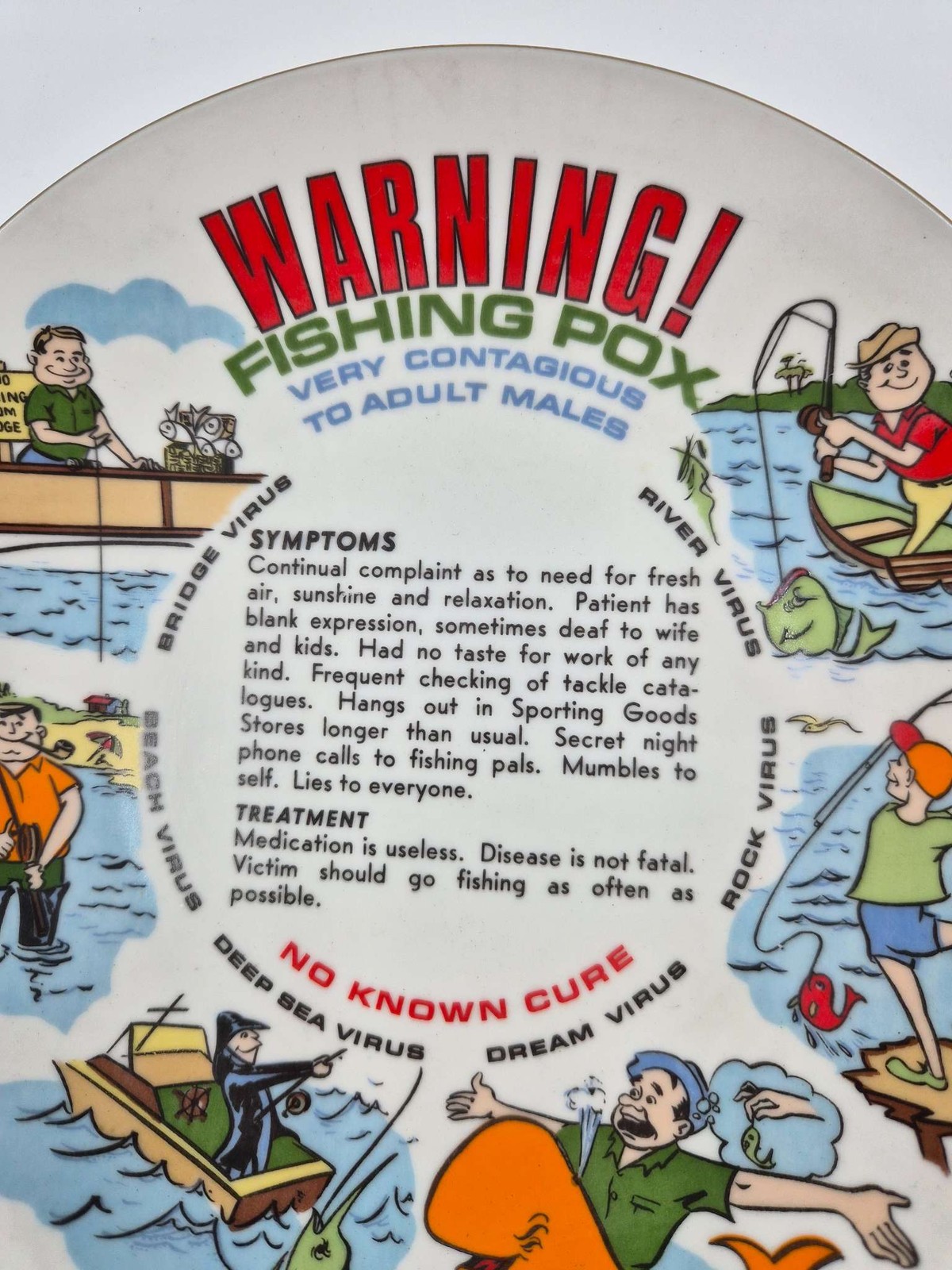 Humorous Fishing Pox Warning Decorative Plate Adult Novelty Gag Gift Virus Used
