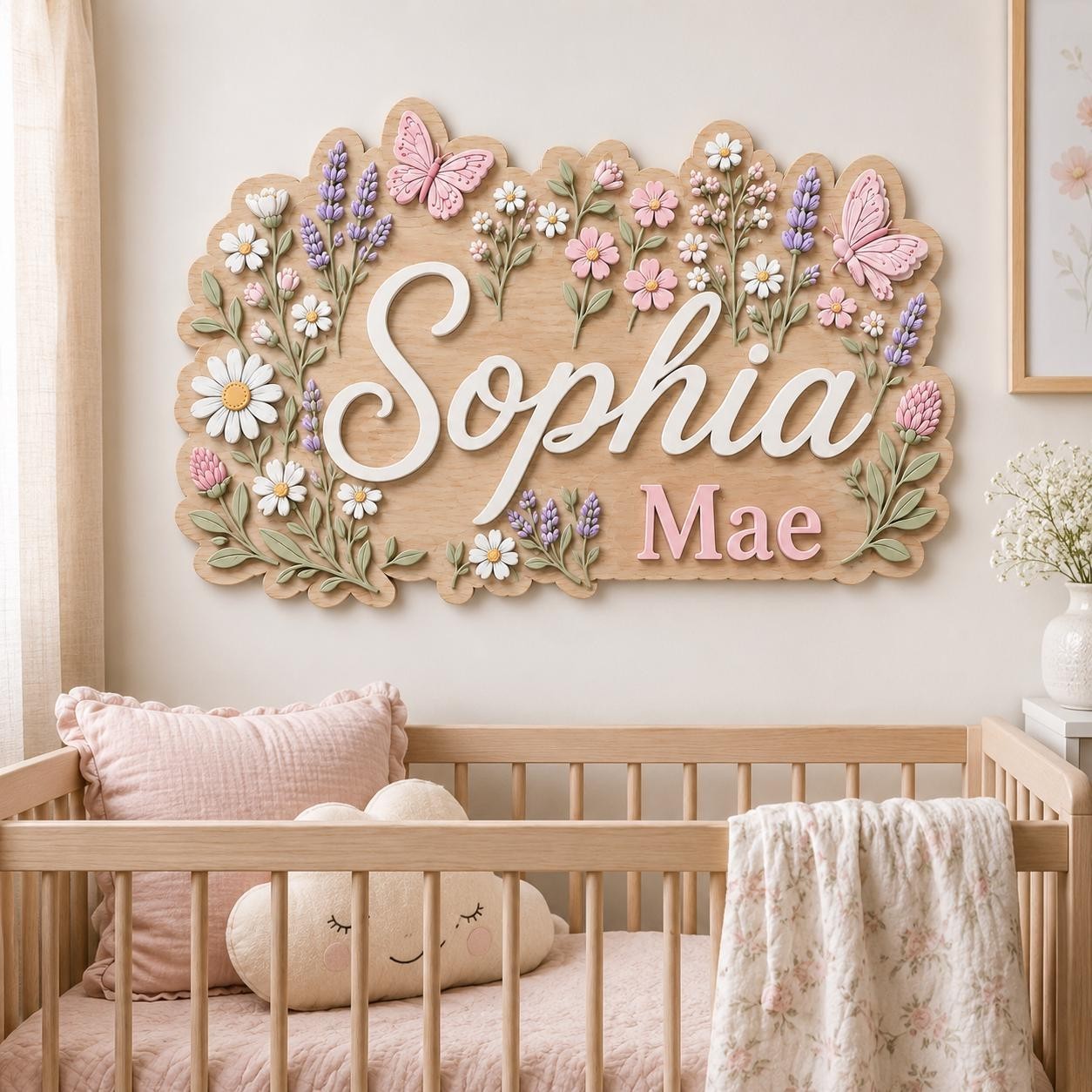 Personalized 3D Wood Name Sign, Floral Butterfly Nursery Decor, Boho Baby Girl
