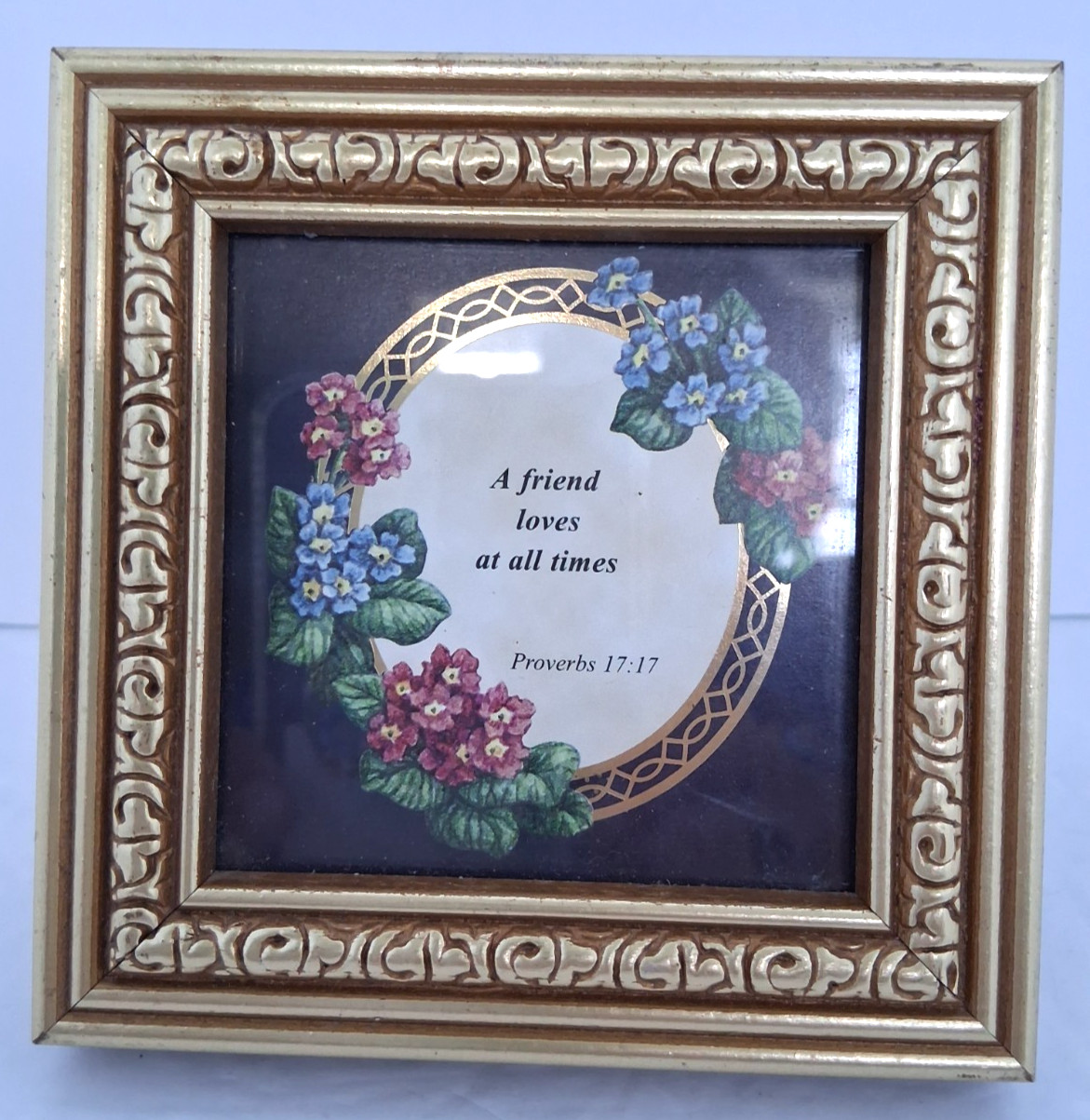 Friendship Wall Hanging or Table Sitter 4 x 4 in Blue, Gold, Flowers Prov 17:17