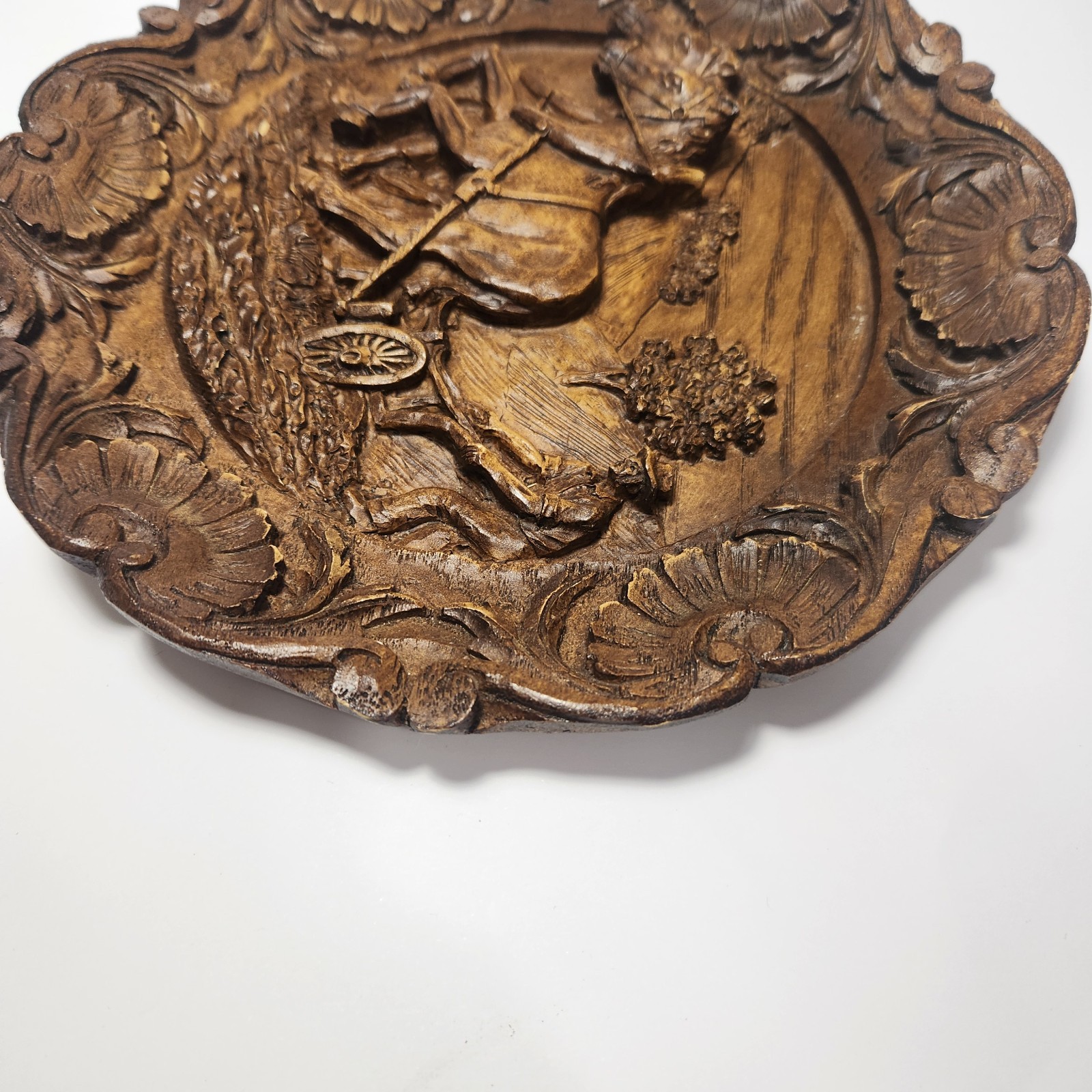 Hand Carved Wood/Resin Plaque Farmer Plowing Field Detailed