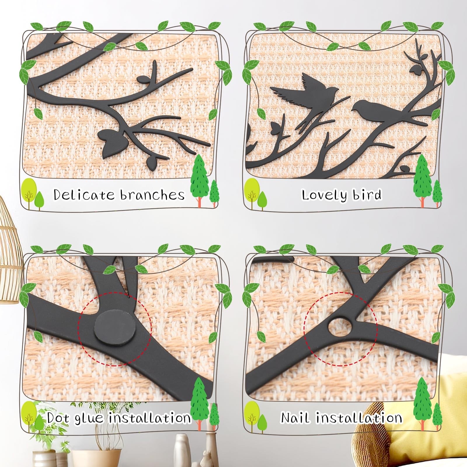 Medium Black Metal Tree with Birds on Branch Wall Art for Home Living Room