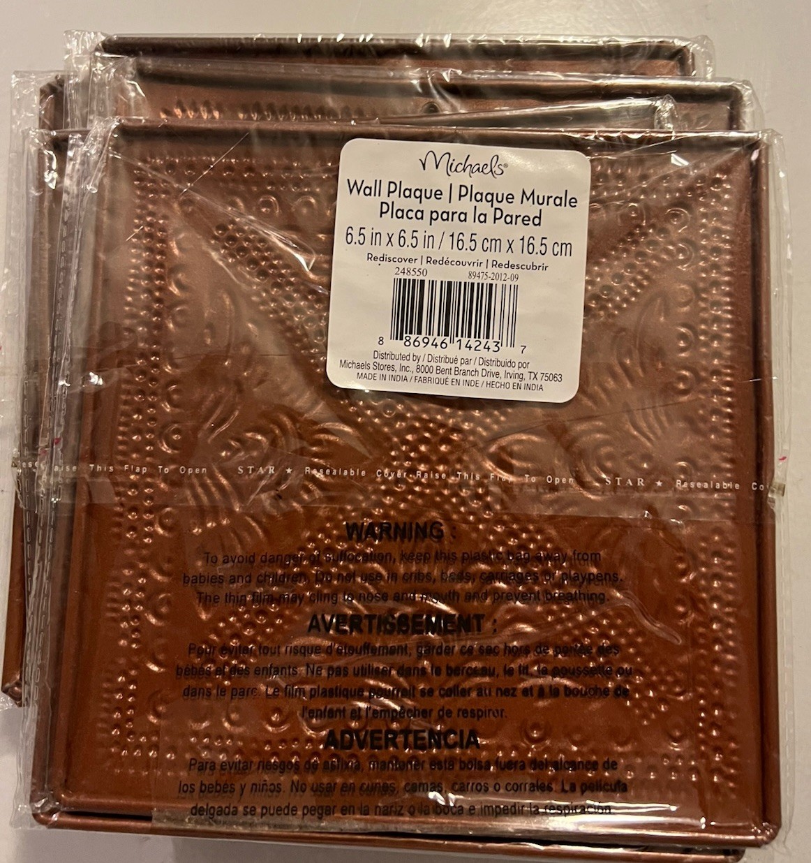 Embossed 6.5 “X6.5”Square Metal Wall Decoration Bronze Distressed, Floral Lot 9