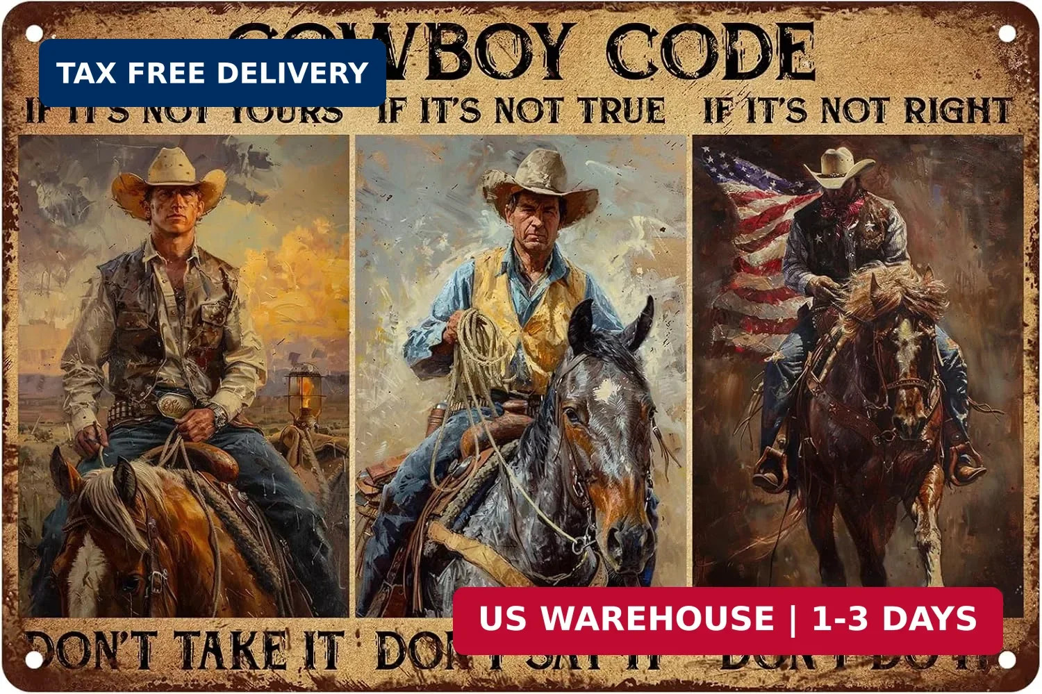 Cowboy Code Metal Sign Western Wall Decor for Man Cave Rustic Cowboy Tin Sign fo