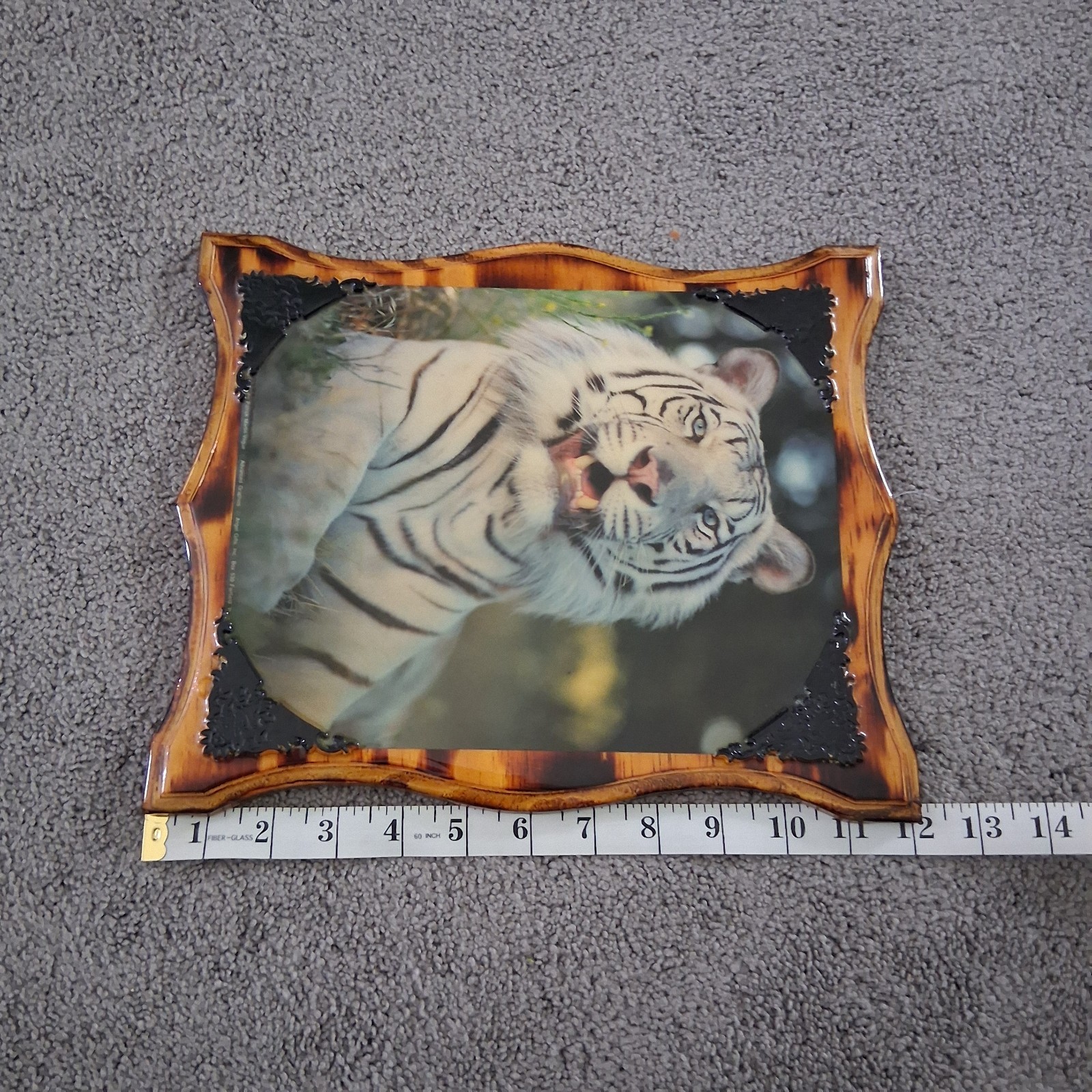 Vintage 90s White Tiger Glossy Engraved 2 Tone Wood Plaque Wall Decor 10×12″ EUC