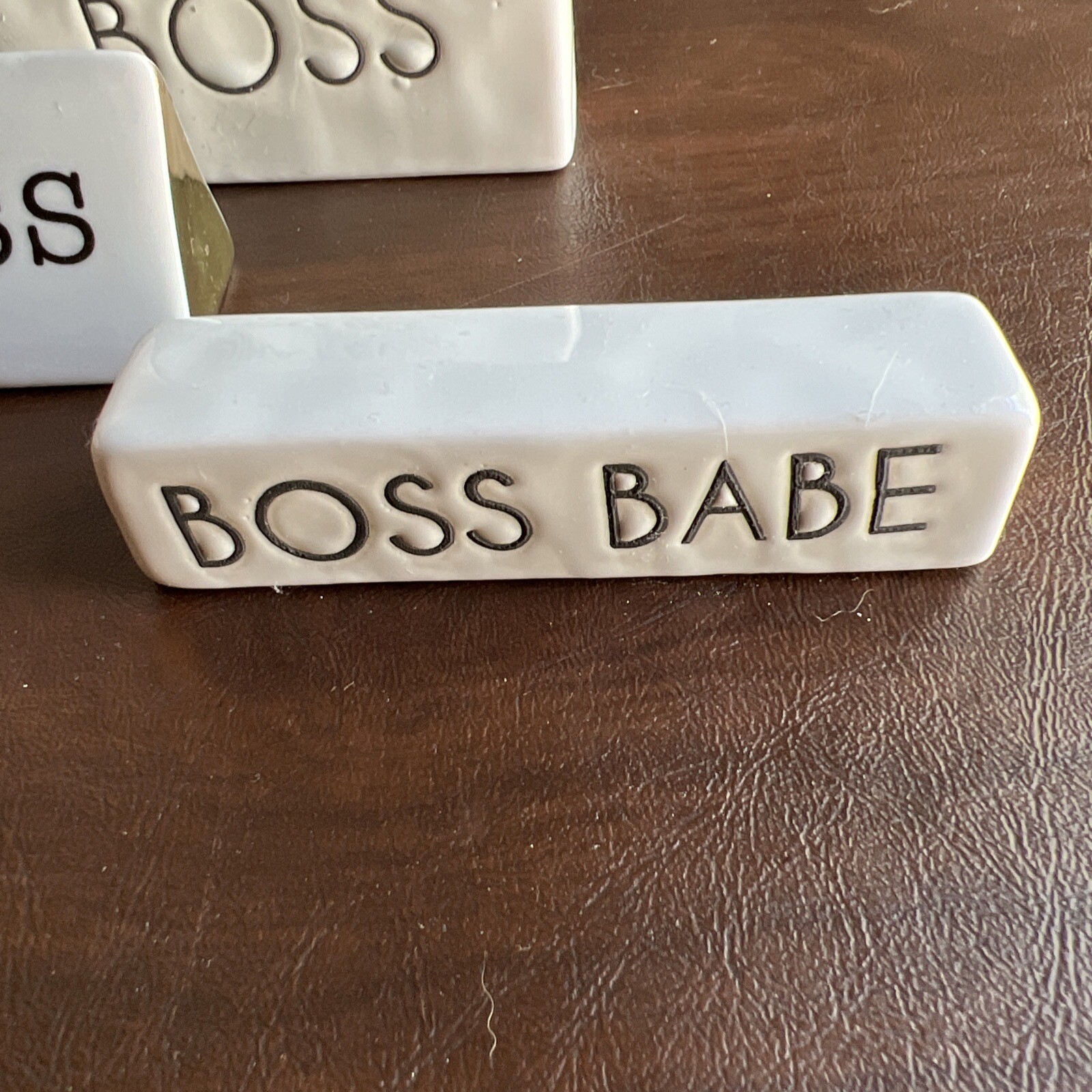 DECOR White Ceramic 3 BOSS Glossy Desk Plaques Set Of 3