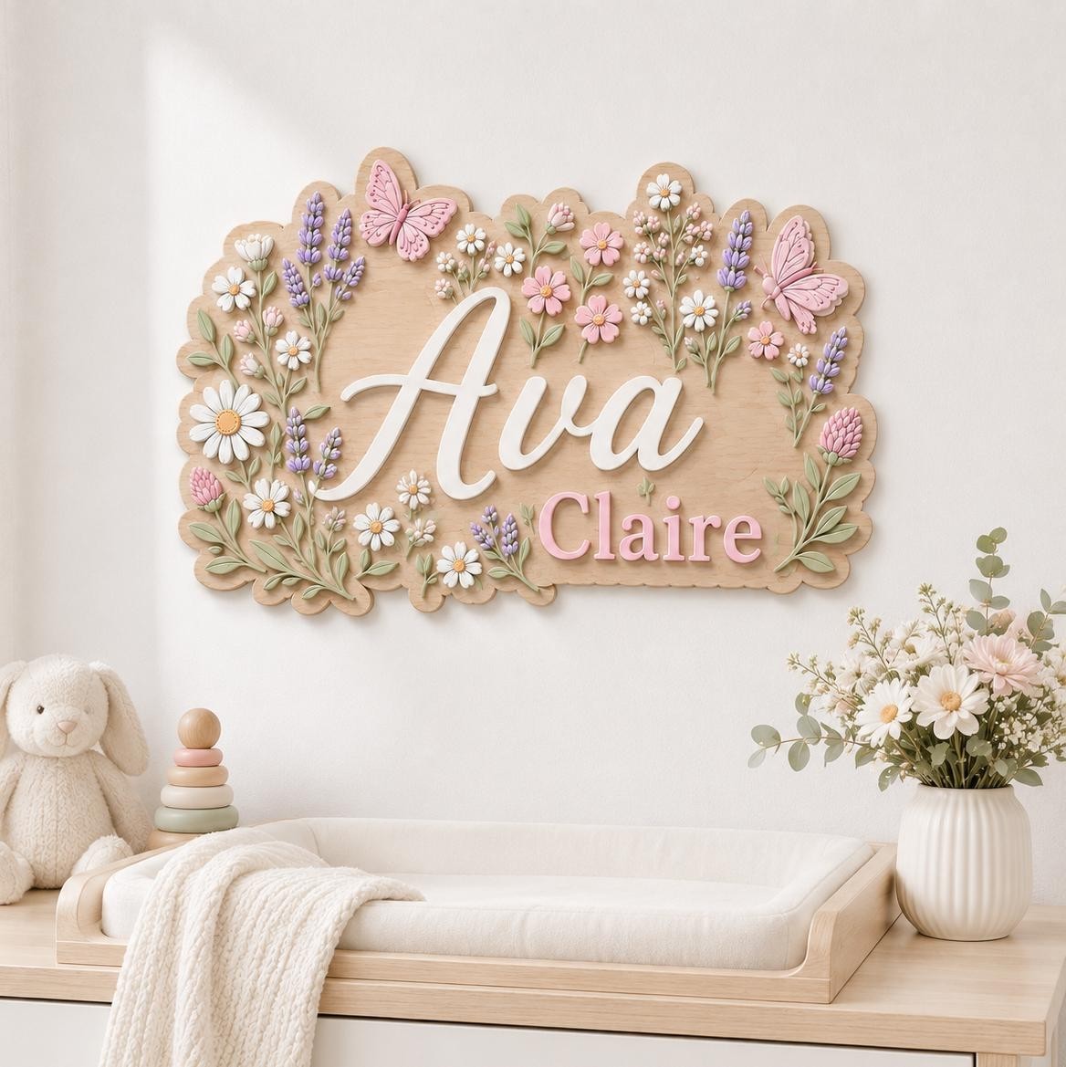 Personalized 3D Wood Name Sign, Floral Butterfly Nursery Decor, Boho Baby Girl