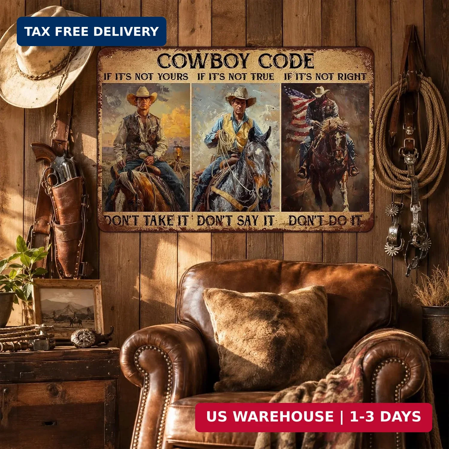 Cowboy Code Metal Sign Western Wall Decor for Man Cave Rustic Cowboy Tin Sign fo