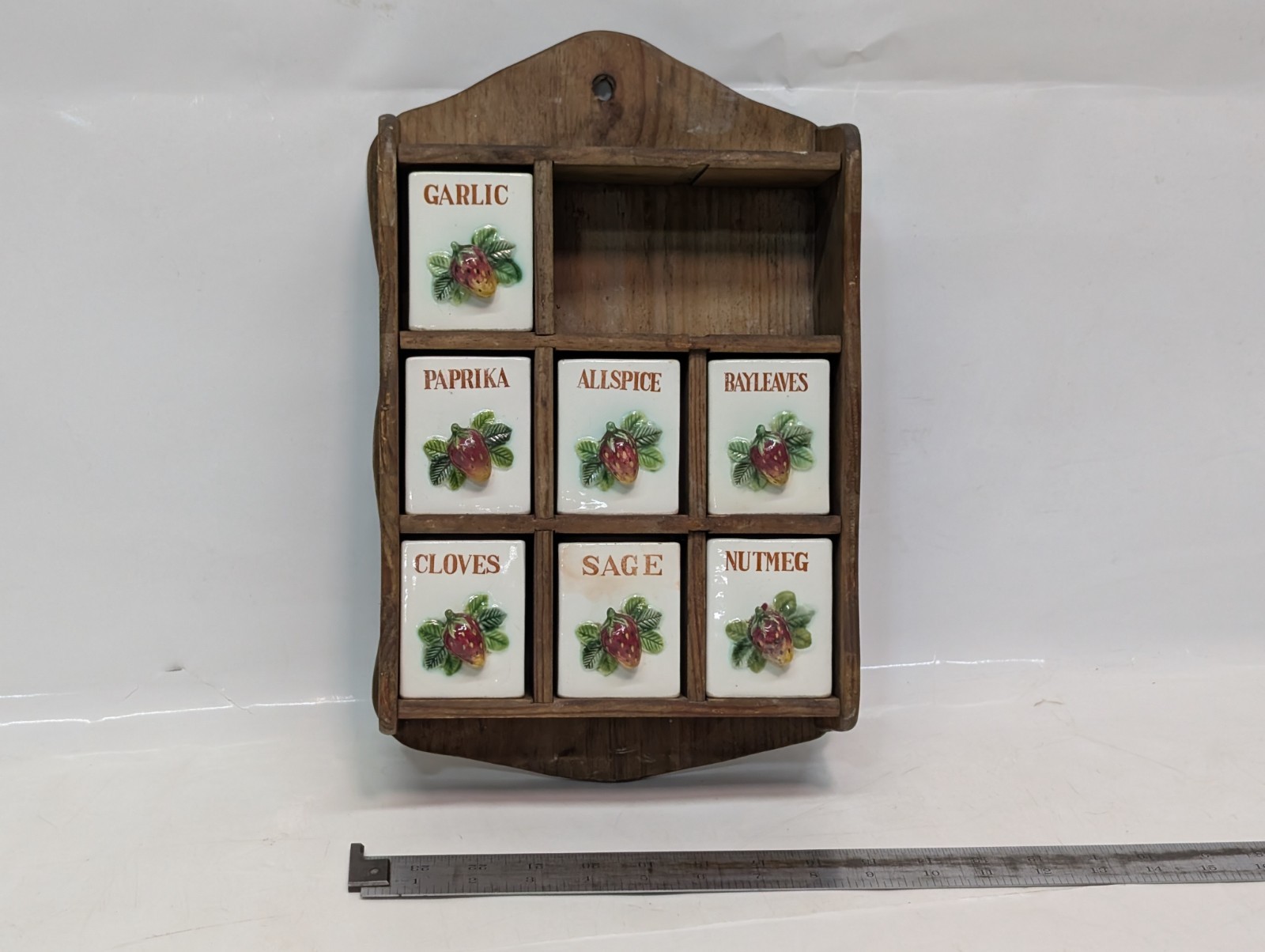 Vintage 1970s Wood & Ceramic Cottage Core Wall Spice Rack with Strawberry Design
