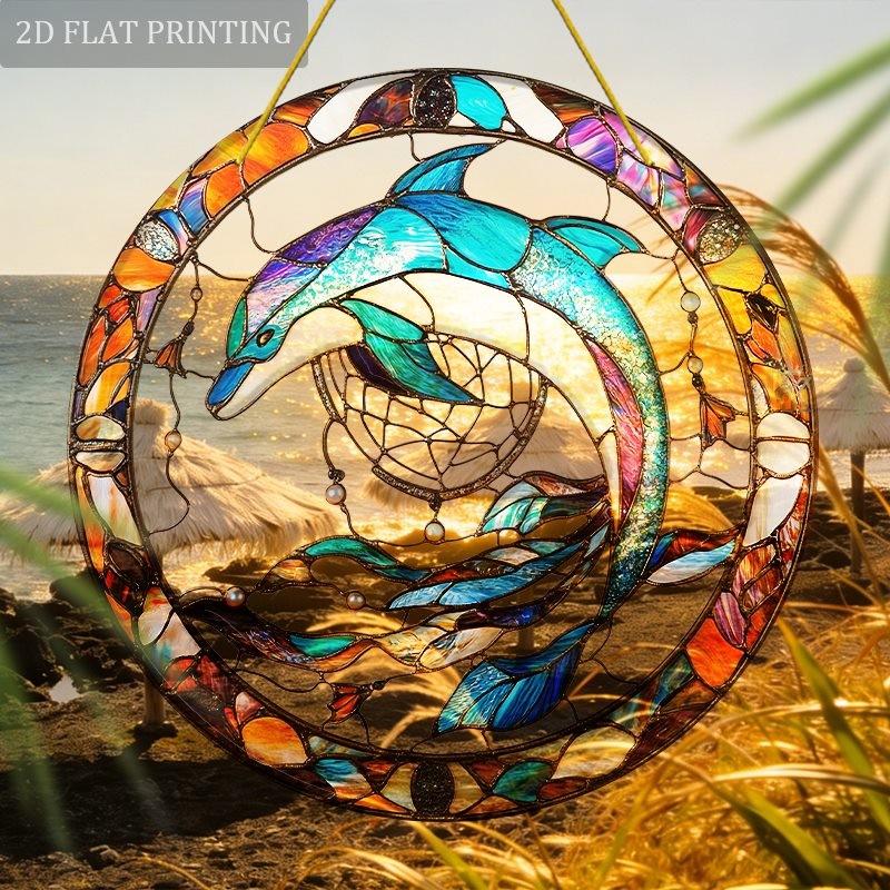 Multicolor Glass Style Acrylic Sun Catcher, Dolphin and Ocean Home Decor