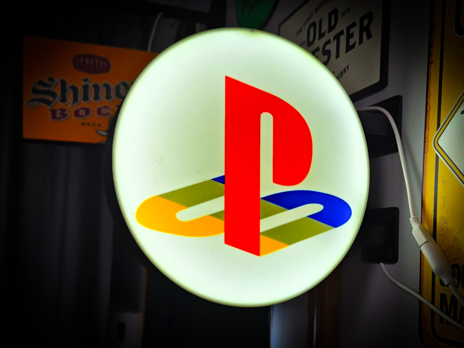 Playstation LED Lightbox Sign 3D Printed Round Wall Mount Man Cave Garage Decor