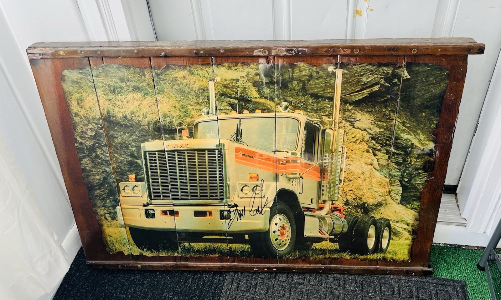 Vtg. GMC General Big Rig Semi Truck Signed XL 36×24 Wood Plaque Glossy Wall Art