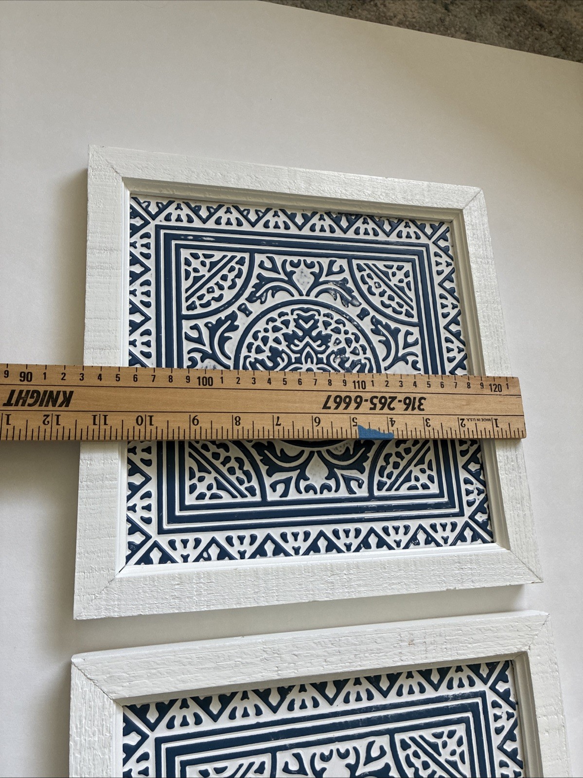 2 Farmhouse White Metal Tile Wall Decor 11.5×11.5 Wood Frame Distressed Tin Art