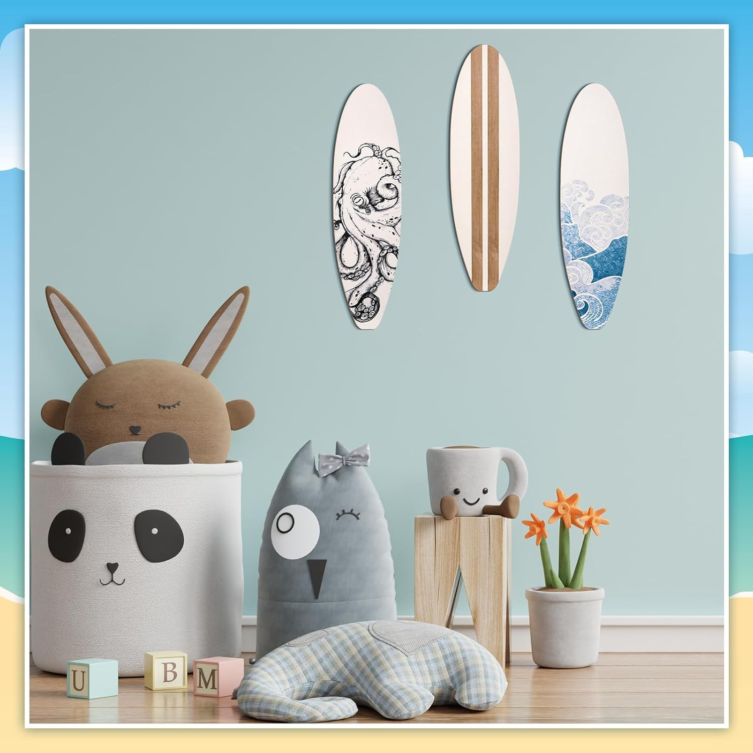 3 Piece Wooden Surfboard Wall Decor for Beach-Inspired Bedroom or Living Room