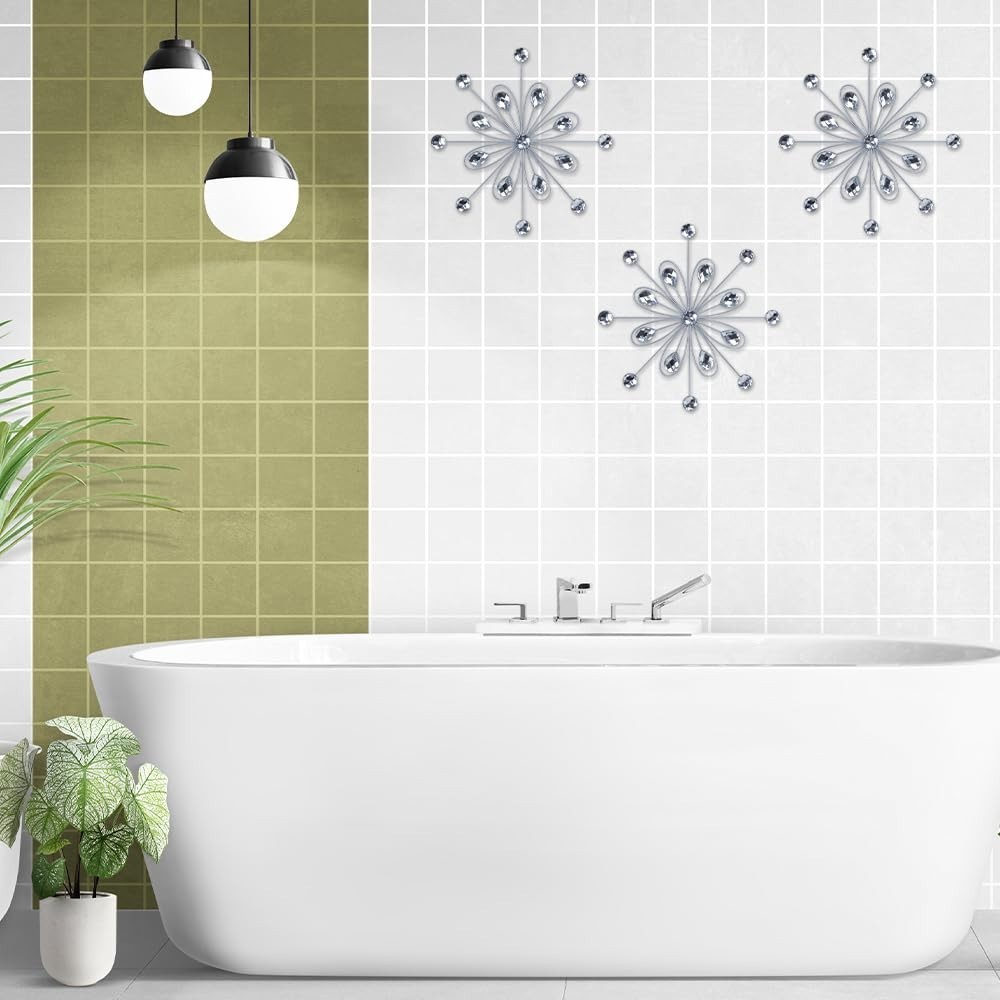 3pcs Silver Metal Flower Wall Art – Jeweled Crystal Decor for Indoor/Outdoor, Li