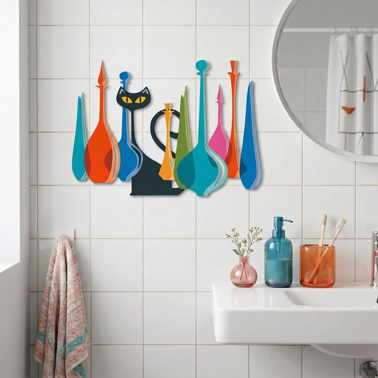 Cat Metal Wall Art Decor Mid Century Modern Atomic Cat Colorful Glass Decante…