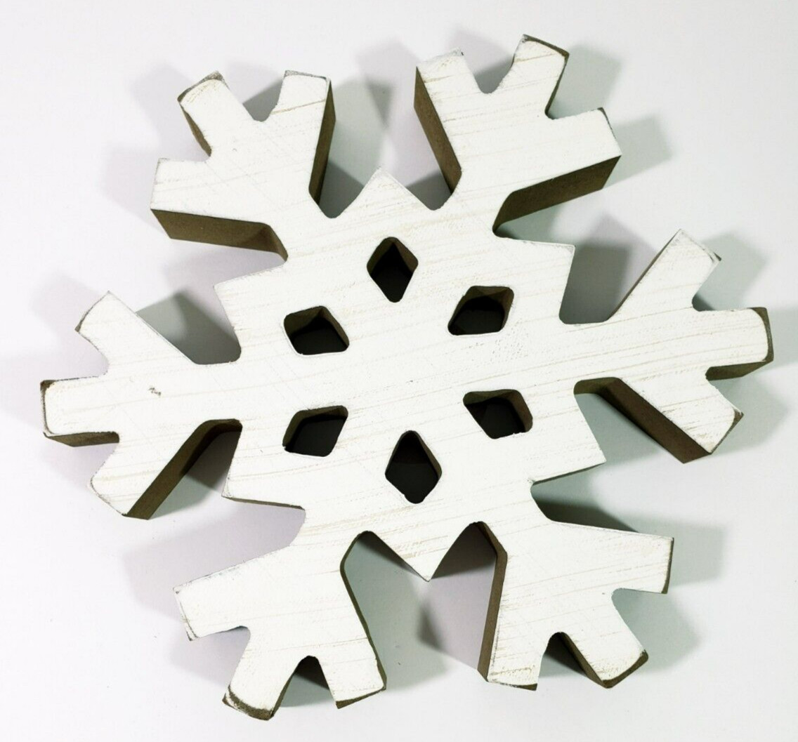 Snowflake White Shabby Wood Cutout Free Standing Lg 8 in Set of 2 Christmas NWT
