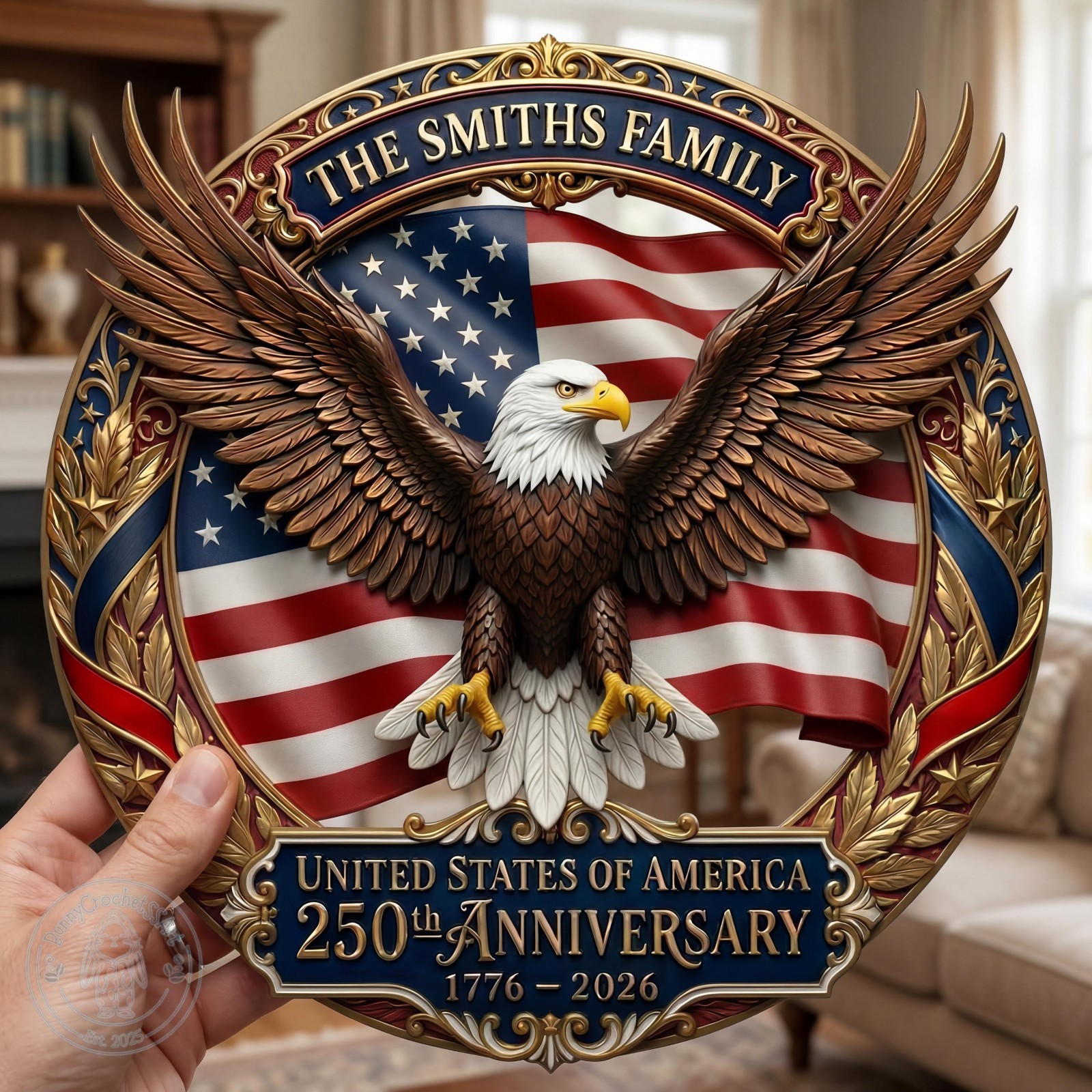 Personalized America 250th Anniversary Wood Sign with a faux 3D Effect , Patriot