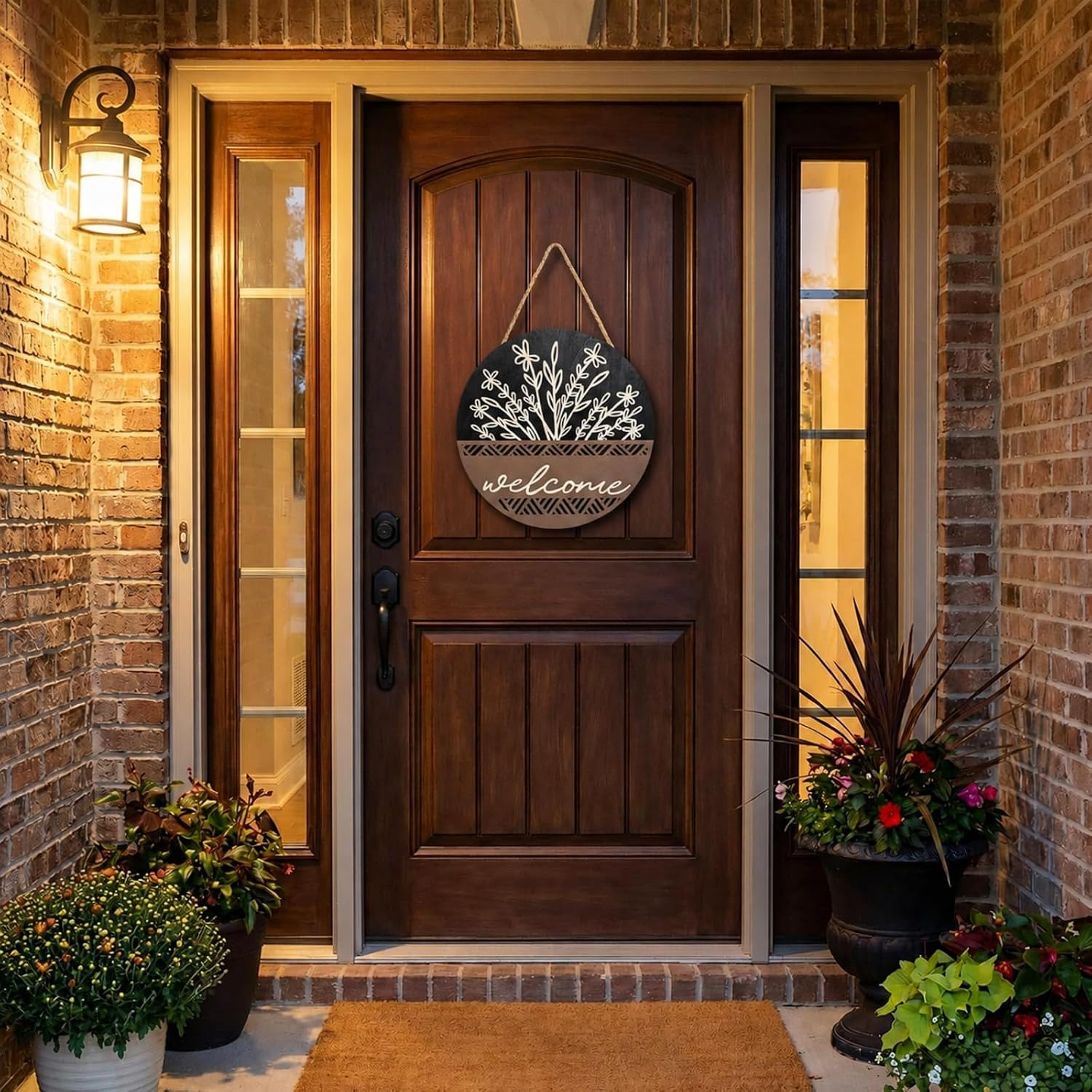 3D 17.7″ Welcome Sign for Front Door, Large Black Wooden Flower Door Hanger