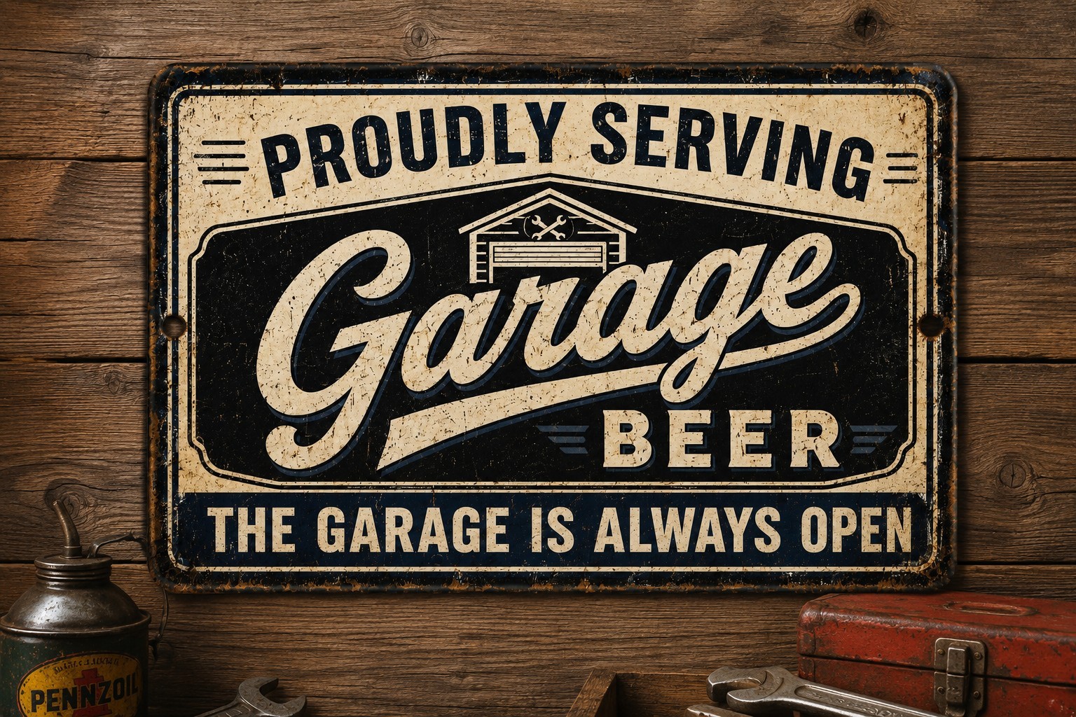 Garage Beer Tin Bar Sign Proudly Serving The Garage is Always Open 12 X 8