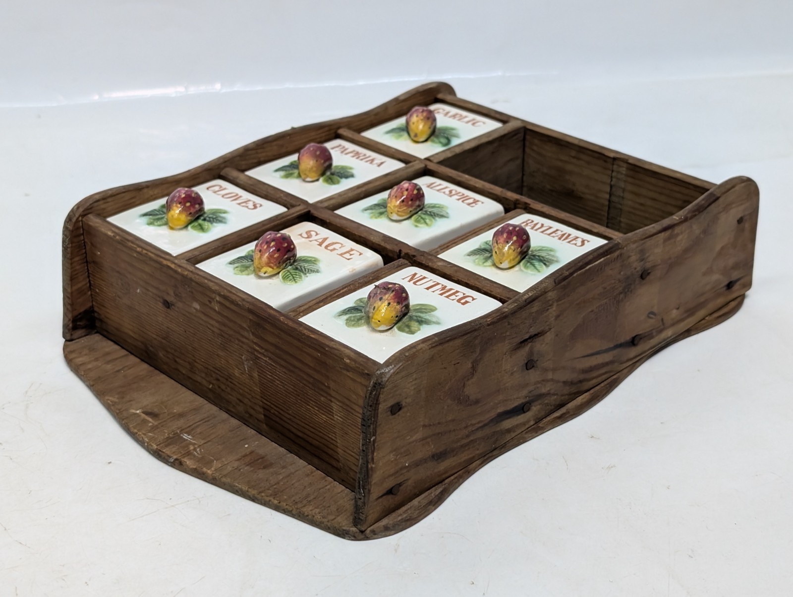 Vintage 1970s Wood & Ceramic Cottage Core Wall Spice Rack with Strawberry Design
