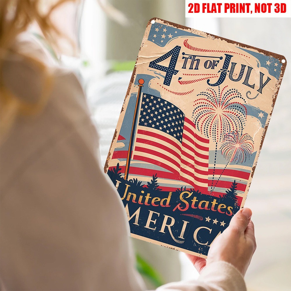 Vintage Tin Sign JULY 04 American Flag Patriotic Metal Sign Man Cave Wall Decor