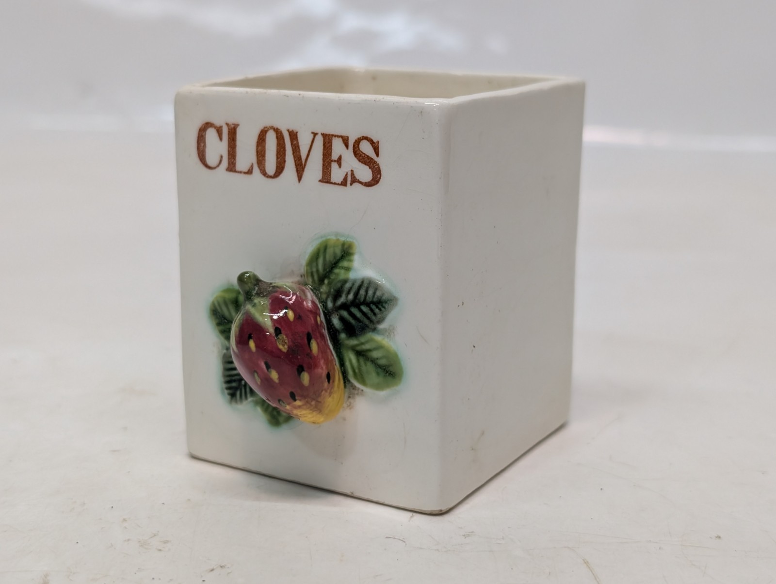 Vintage 1970s Wood & Ceramic Cottage Core Wall Spice Rack with Strawberry Design