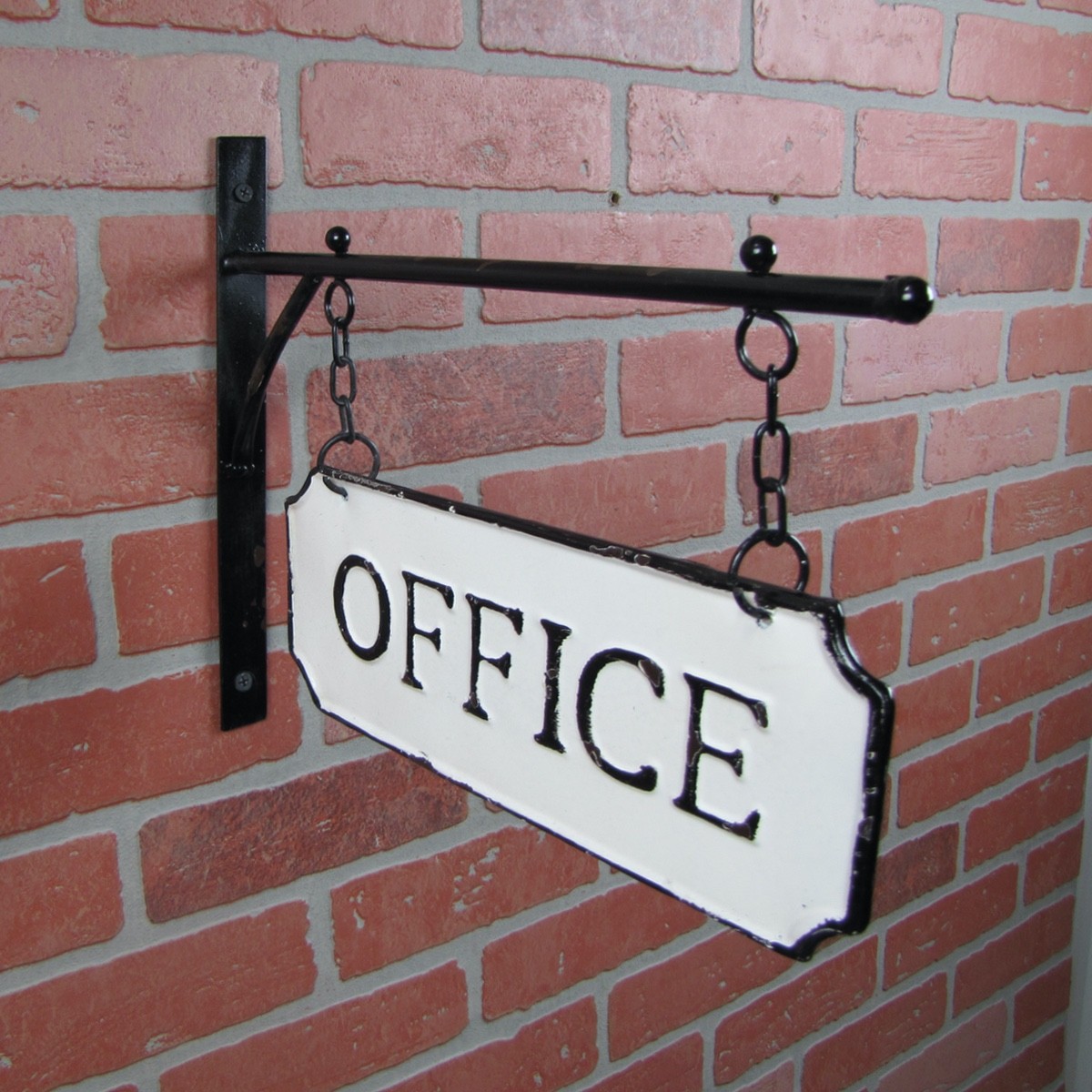 Rustic White Enamel Dual Hanging Office Flange Sign Vintage Embossed Wall Decor