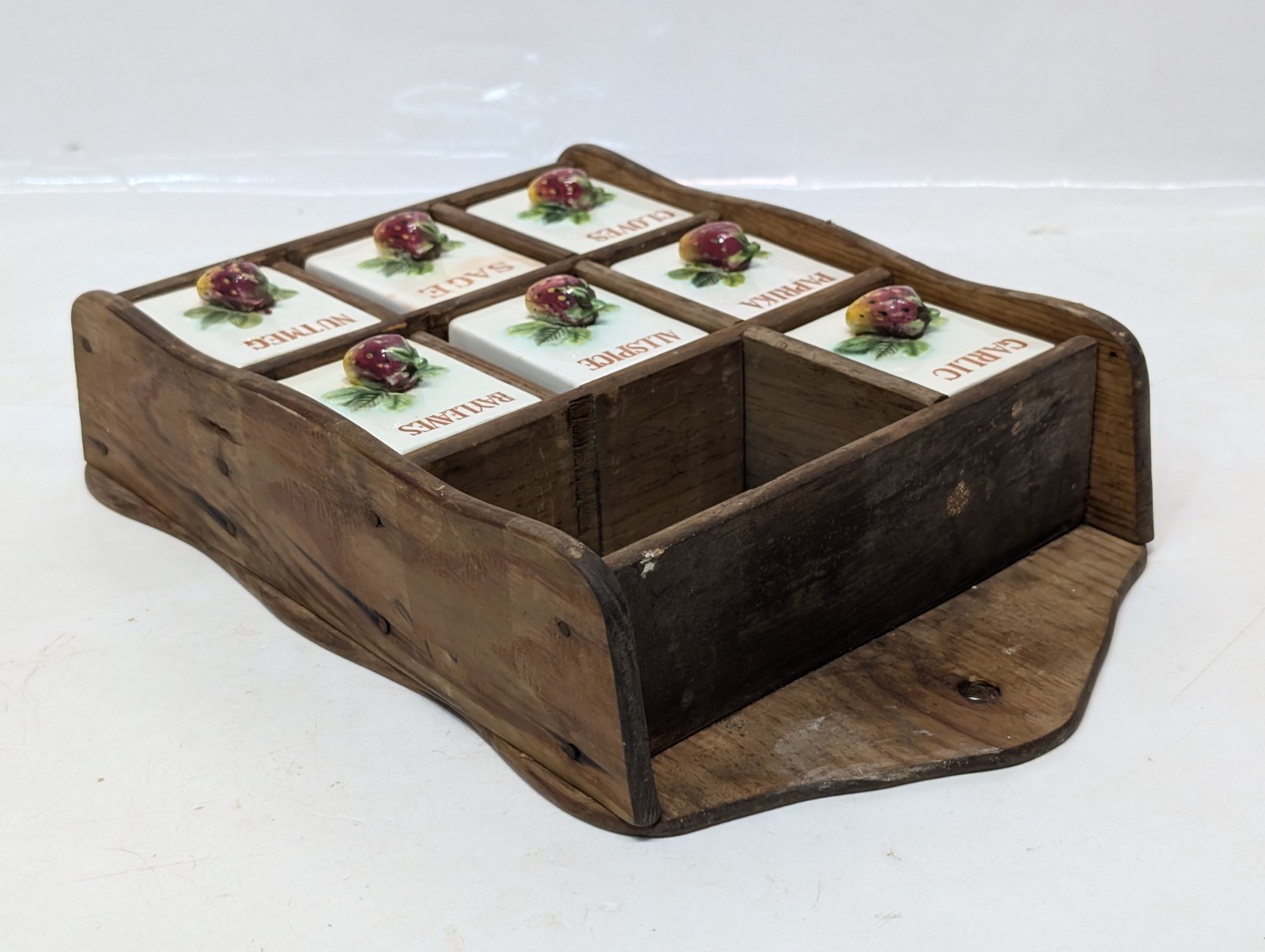 Vintage 1970s Wood & Ceramic Cottage Core Wall Spice Rack with Strawberry Design