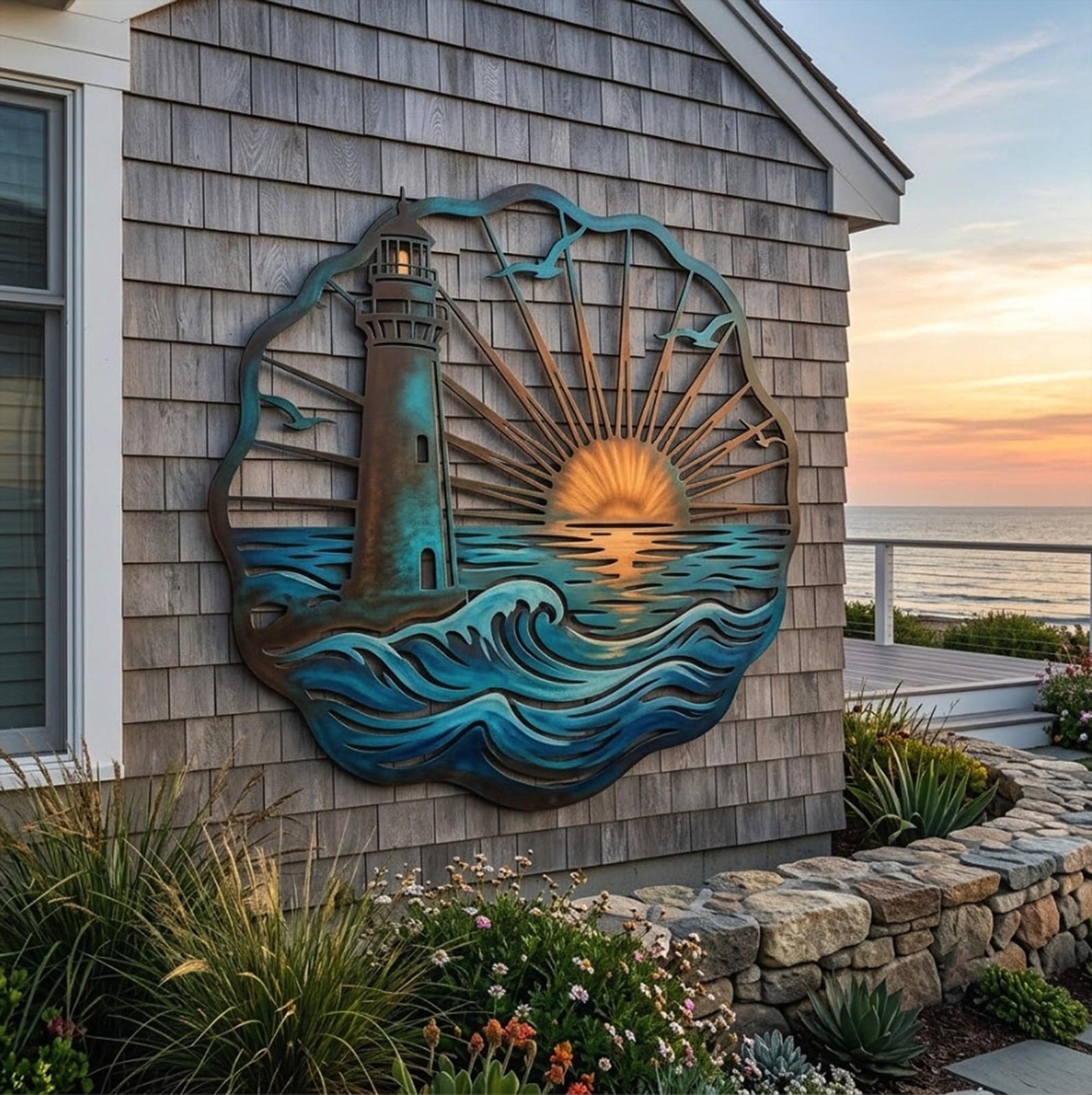Coastal Lighthouse Metal Wall Art, Nautical Beach House Decor