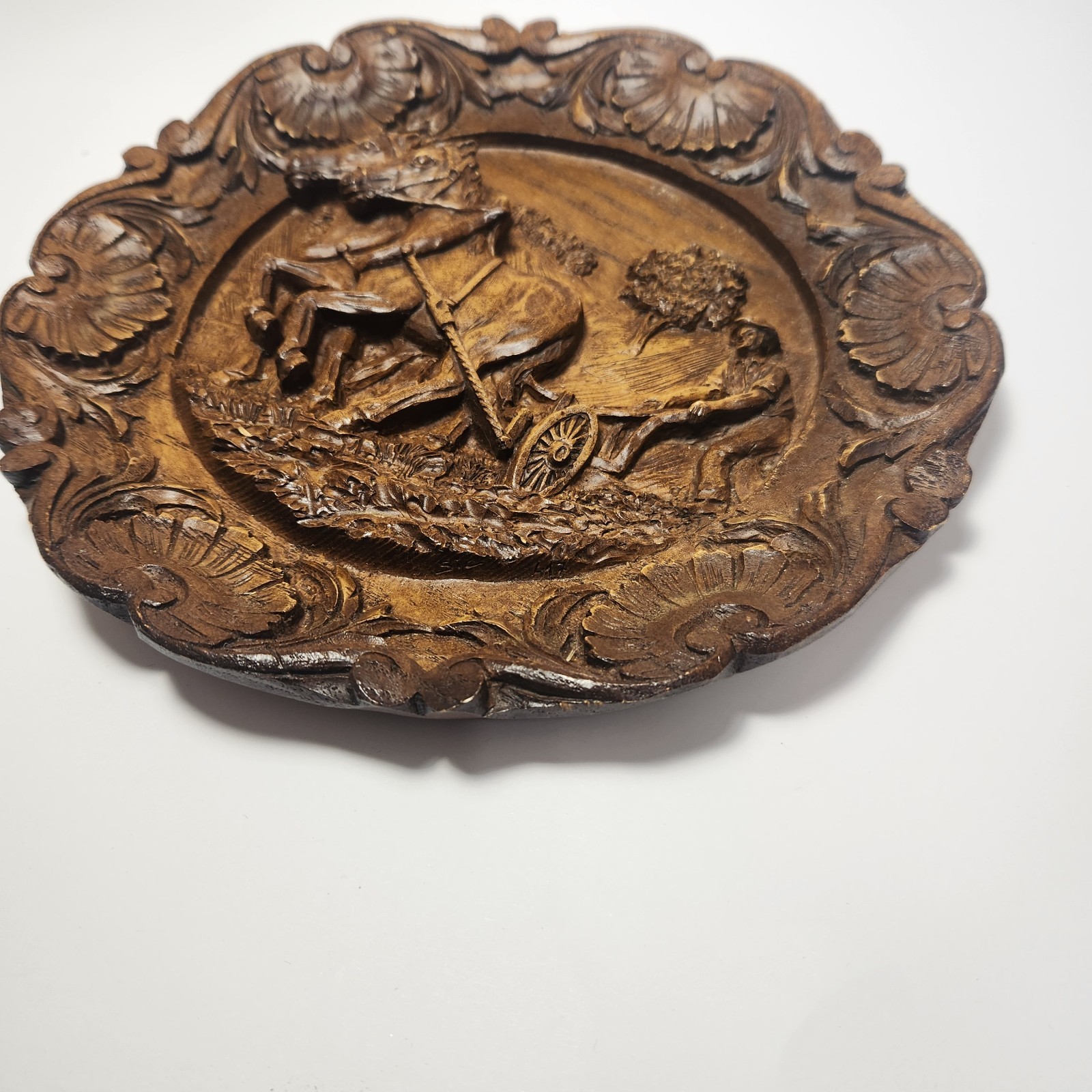 Hand Carved Wood/Resin Plaque Farmer Plowing Field Detailed