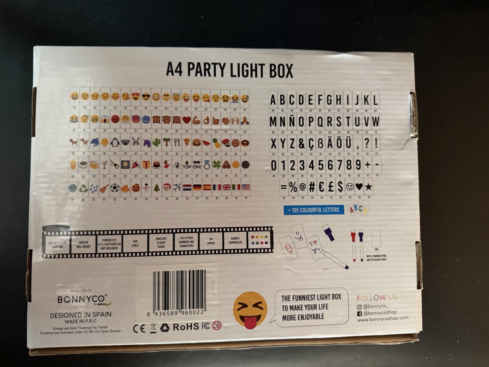 BONNYCO A4 Party LED Light Box Message Sign w/ Remote, Letters & Emojis