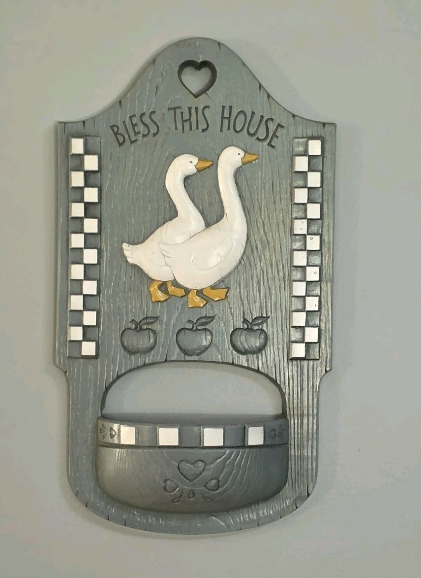 Burwood Bless This House Geese Plaque Wall Decor Vintage Gray White Checkerboard