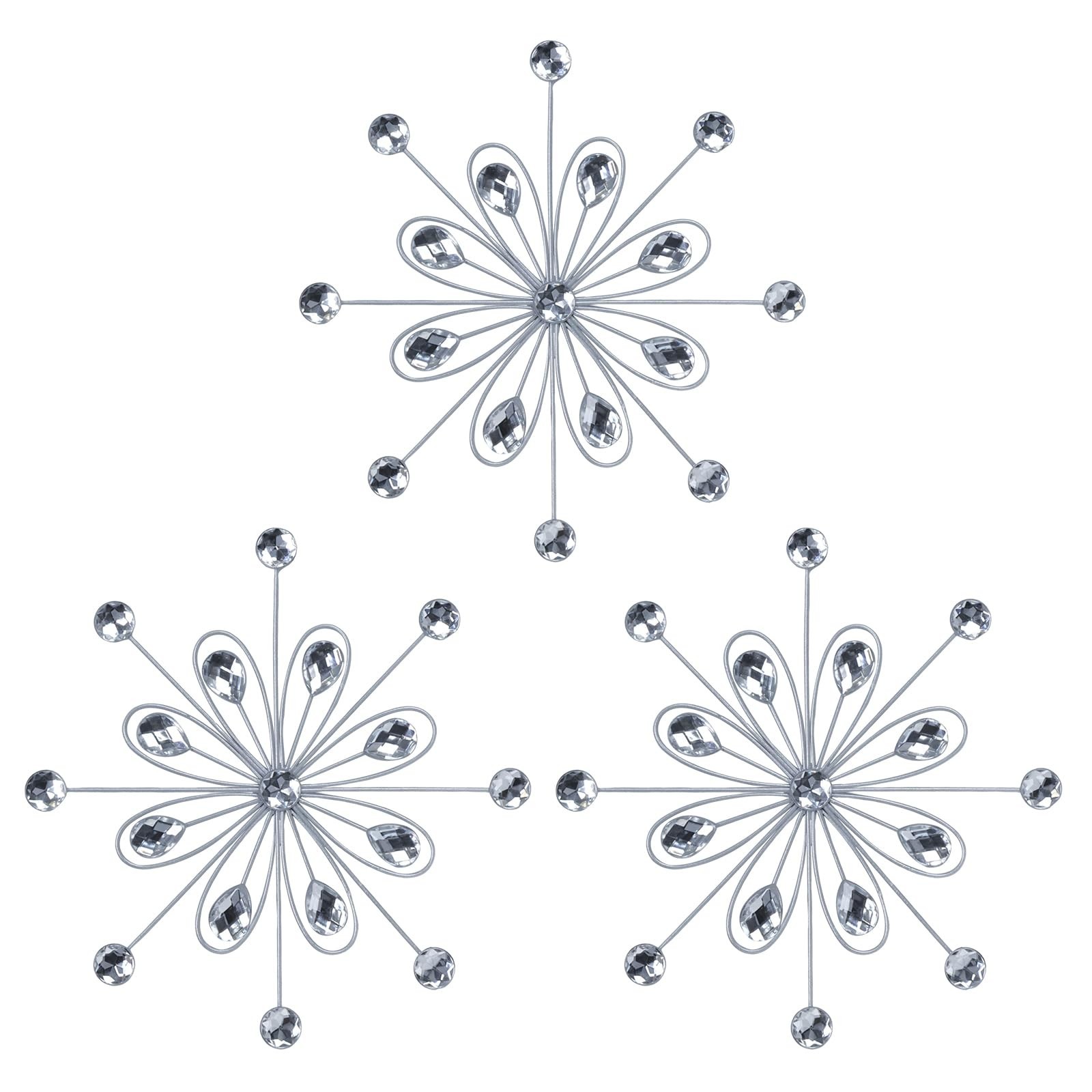 3pcs Silver Metal Flower Wall Art – Jeweled Crystal Decor for Indoor/Outdoor, Li