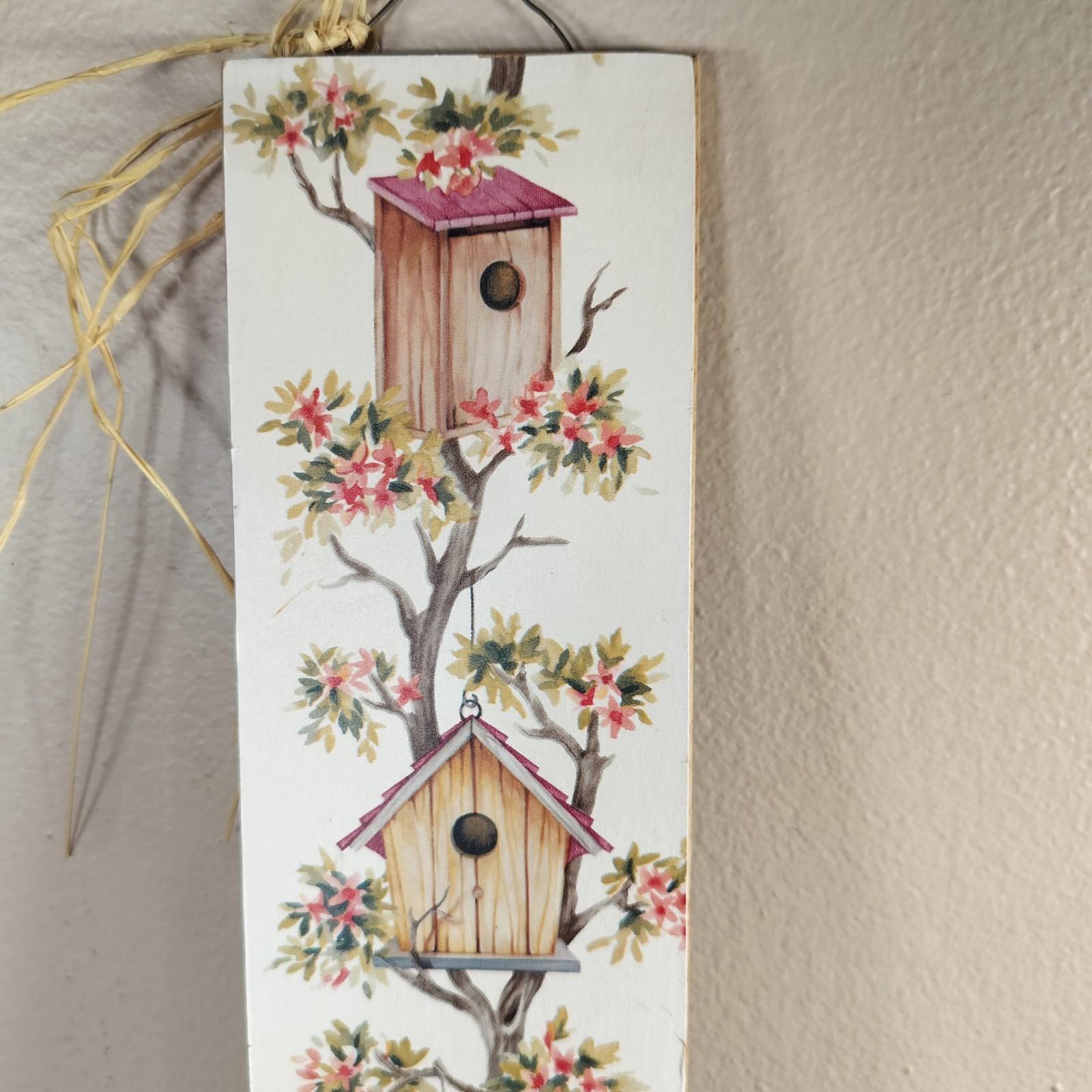Vintage Wooden Birdhouse Plaque With Tree Vines Hanging 16.5 x 3 inches