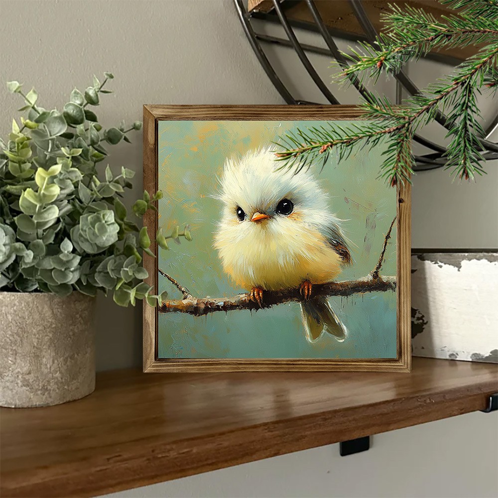 Cute Fluffy Bird Oil Painting Wall Art Rustic Wood Frame Nature Home Decor Gift