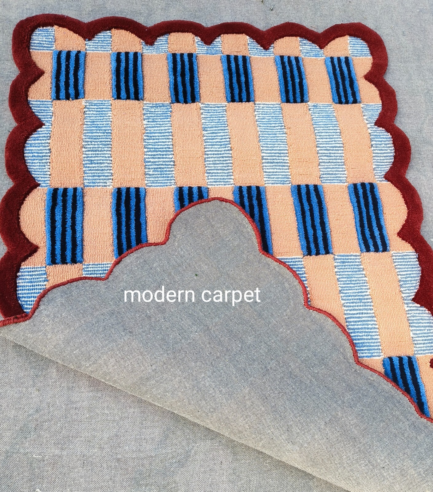 Handmade Checkered Wool Rug Blue Red | Scalloped Geometric Carpet Living Room